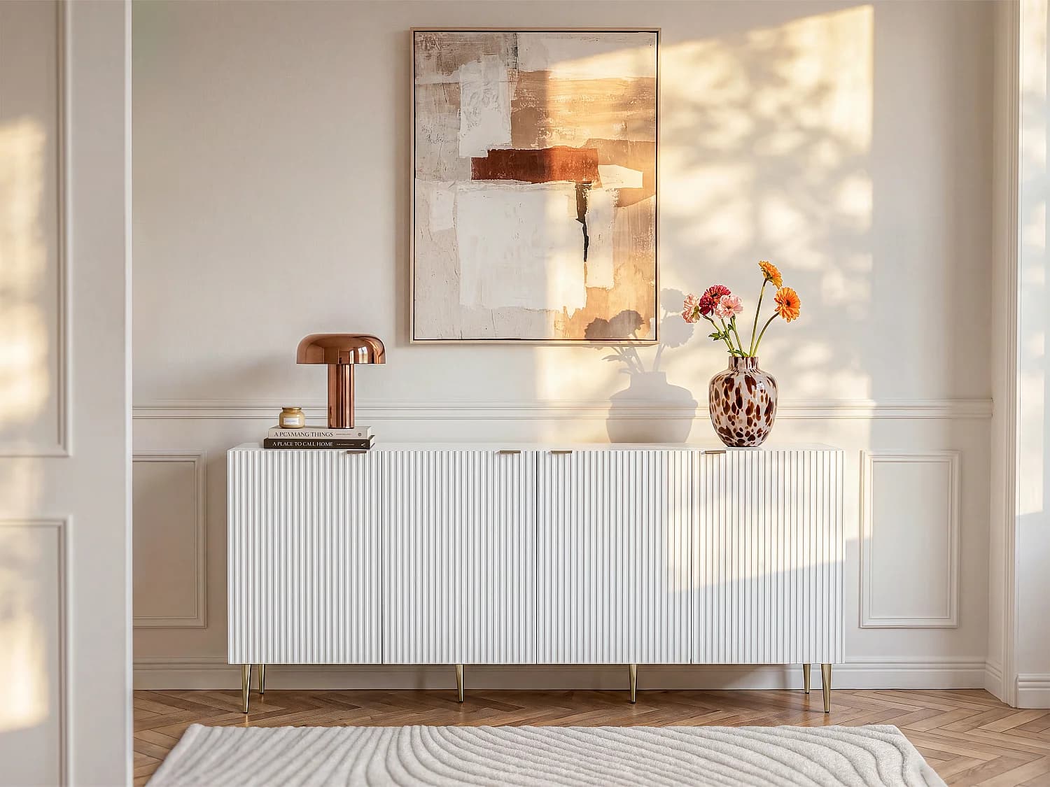 Buffet avec 4 portes en MDF et acier - Blanc et doré - YESINIA