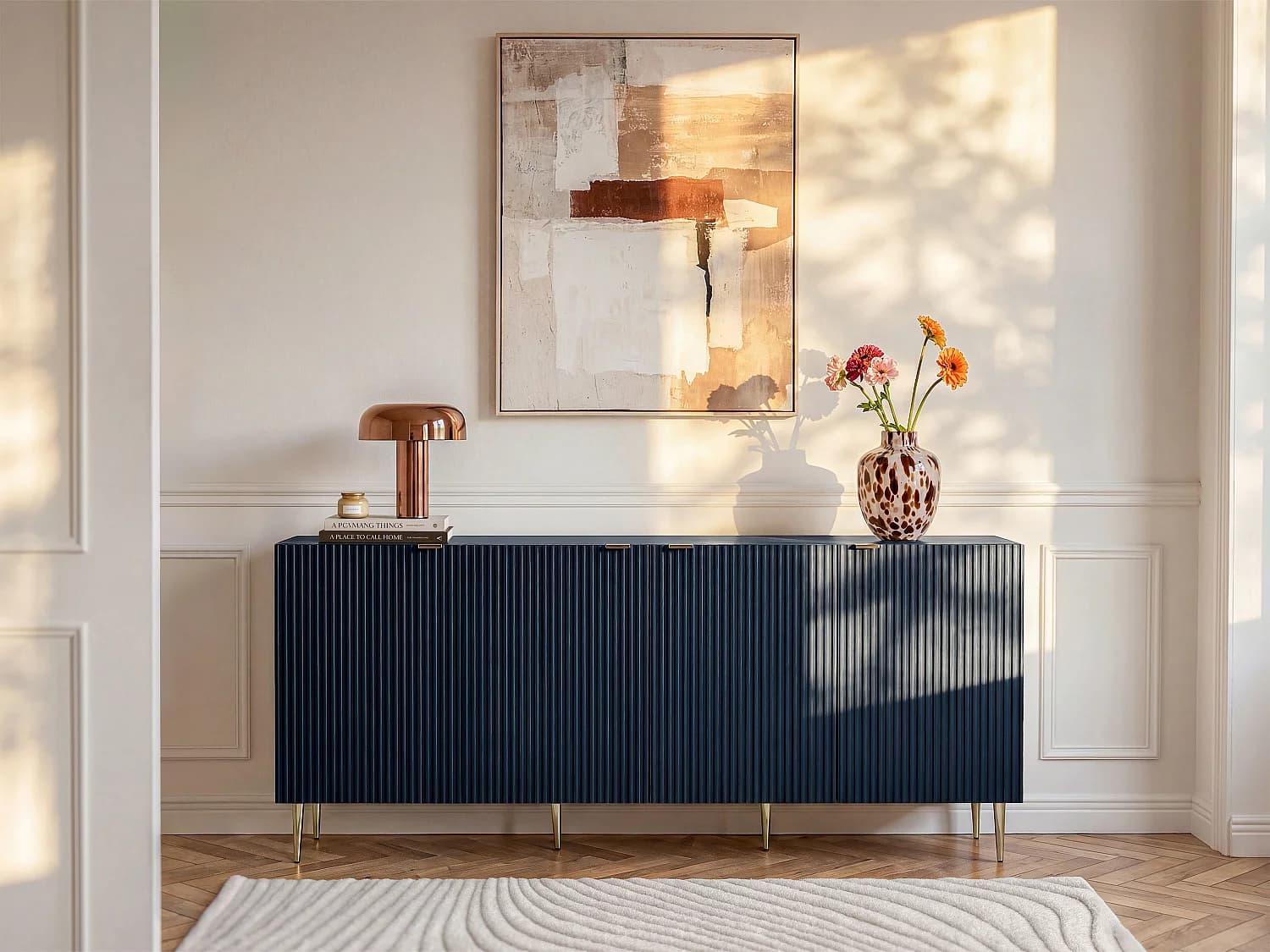 Buffet avec 4 portes en MDF et acier - Bleu et doré - YESINIA