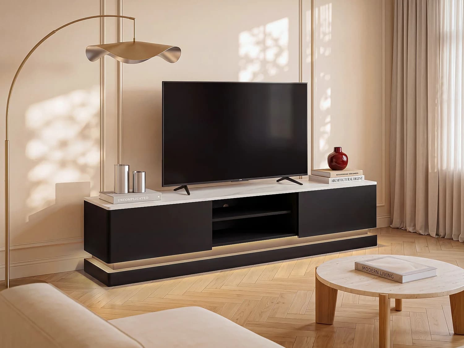 Meuble TV 2 tiroirs et 2 niches avec LEDs en MDF - Noir et effet marbre blanc - DEVIKA