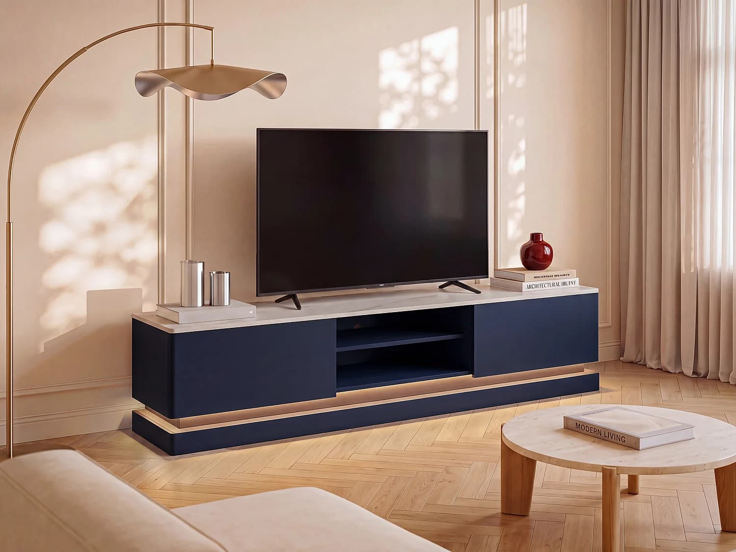 Meuble TV 2 tiroirs et 2 niches avec LEDs en MDF - Bleu et effet marbre blanc - DEVIKA