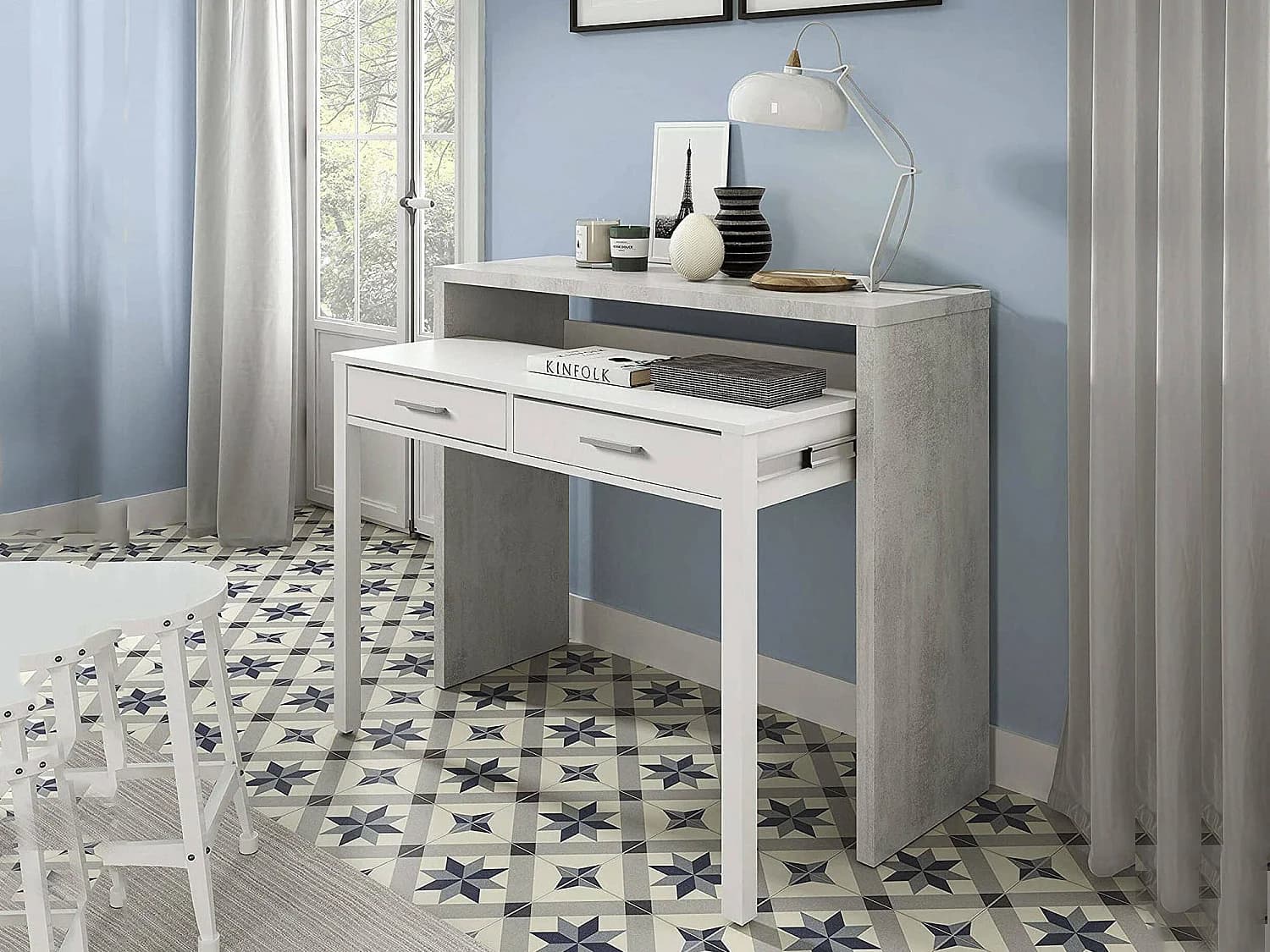 Bureau Billings, Bureau avec plateau extensible, Bureau PC avec 2 tiroirs, 99x36h88 cm, Ciment et Blanc