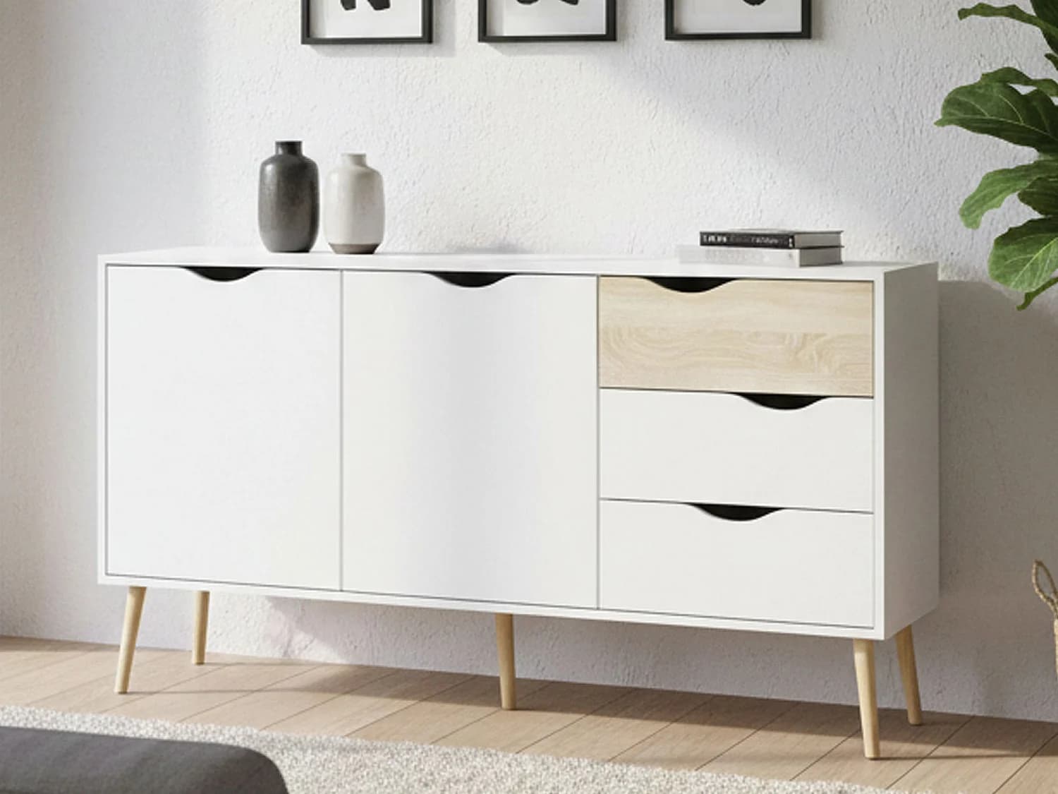 Buffet avec deux portes et trois tiroirs, blanc et chêne, Dimensions 147 x 81 x 39 cm