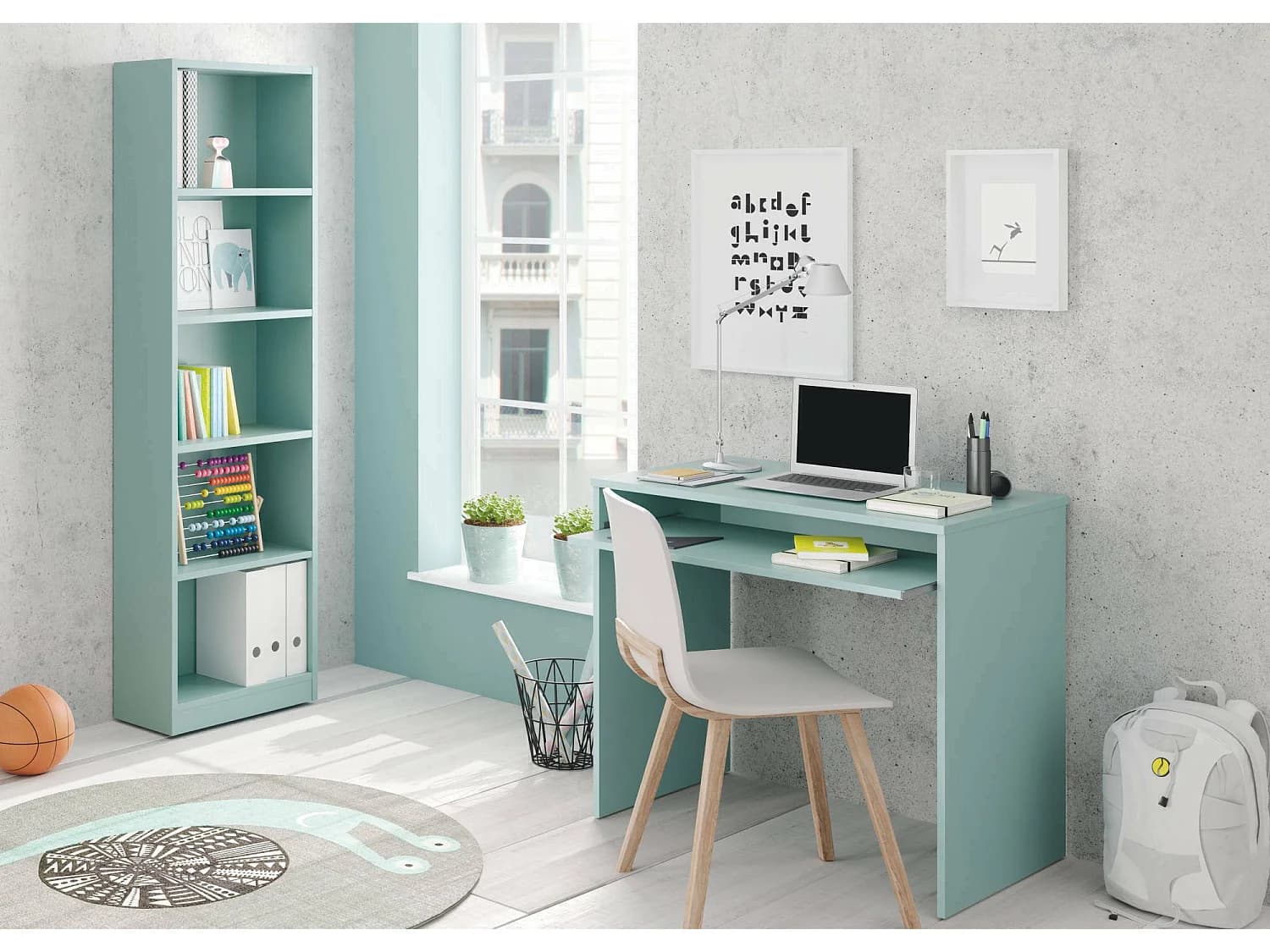Bibliothèque Dmacagg, Bibliothèque haute avec 5 étagères, Etagère de bureau ou de chambre, Etagère moderne avec compartiments, 52x25h80 cm, Vert Aqua