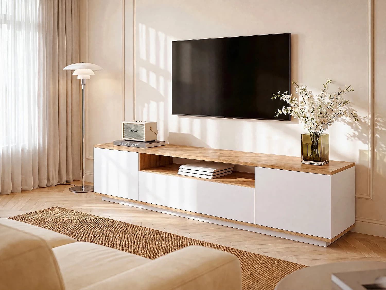 Meuble TV avec 3 portes et 1 niche - Blanc et naturel - LOTULA