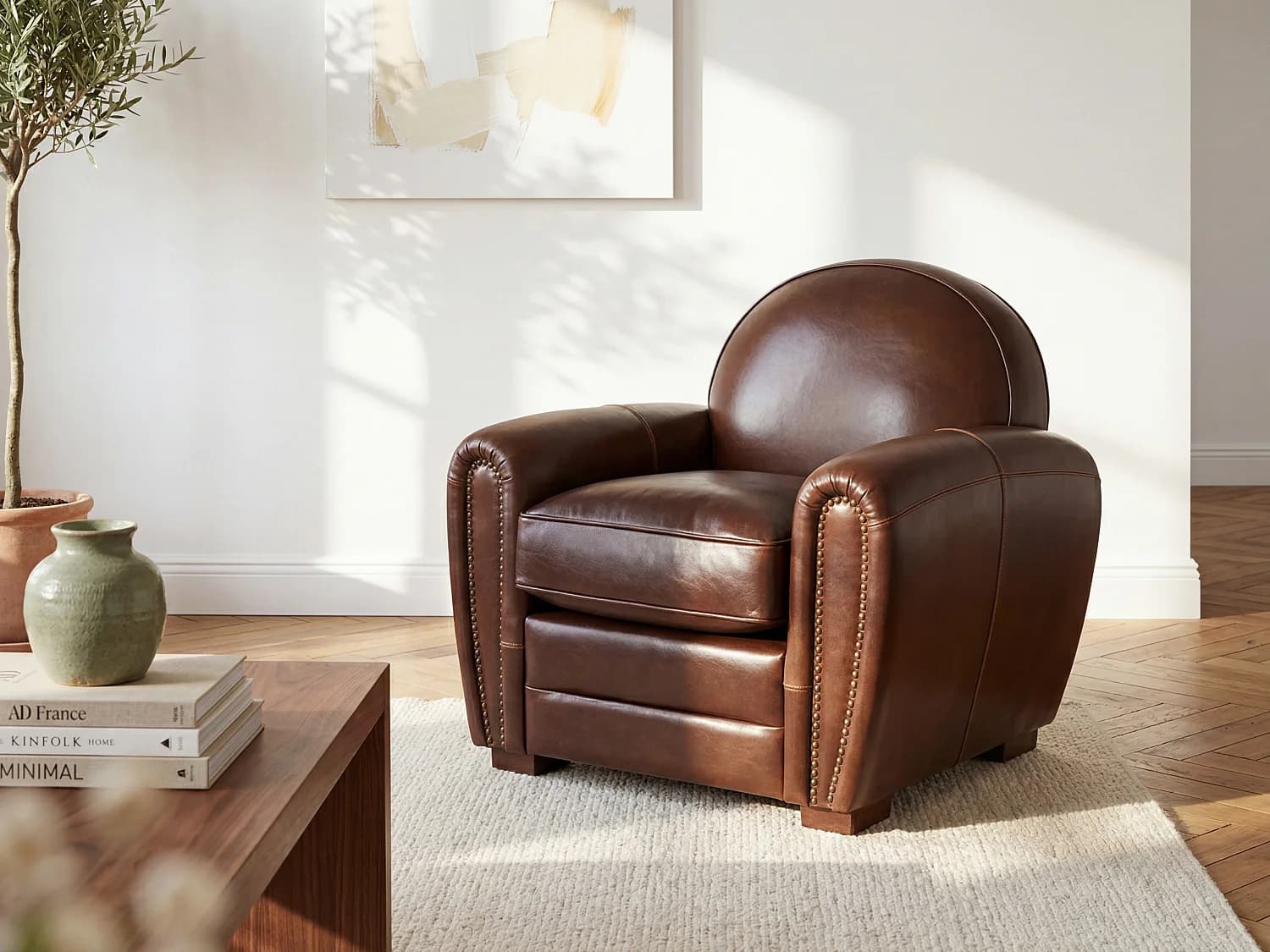 Fauteuil club 100% cuir vieilli BAUDOIN - Marron