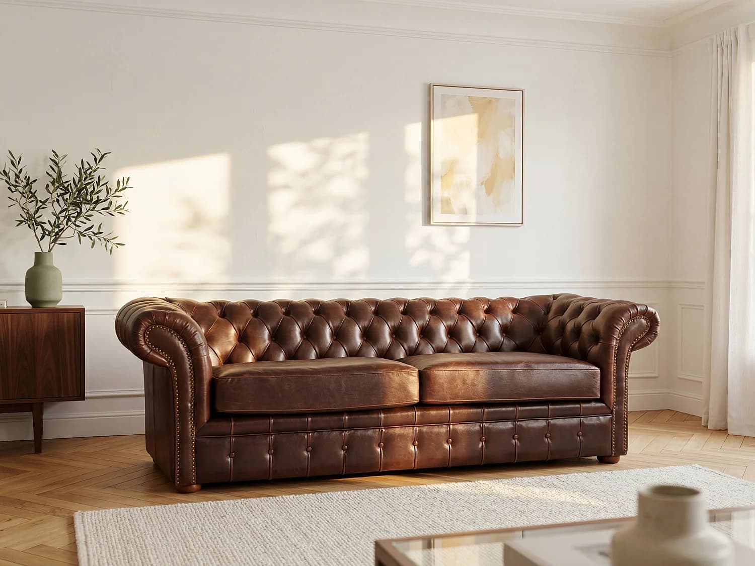 Canapé 3 places chesterfield CLOTAIRE 100% cuir vieilli