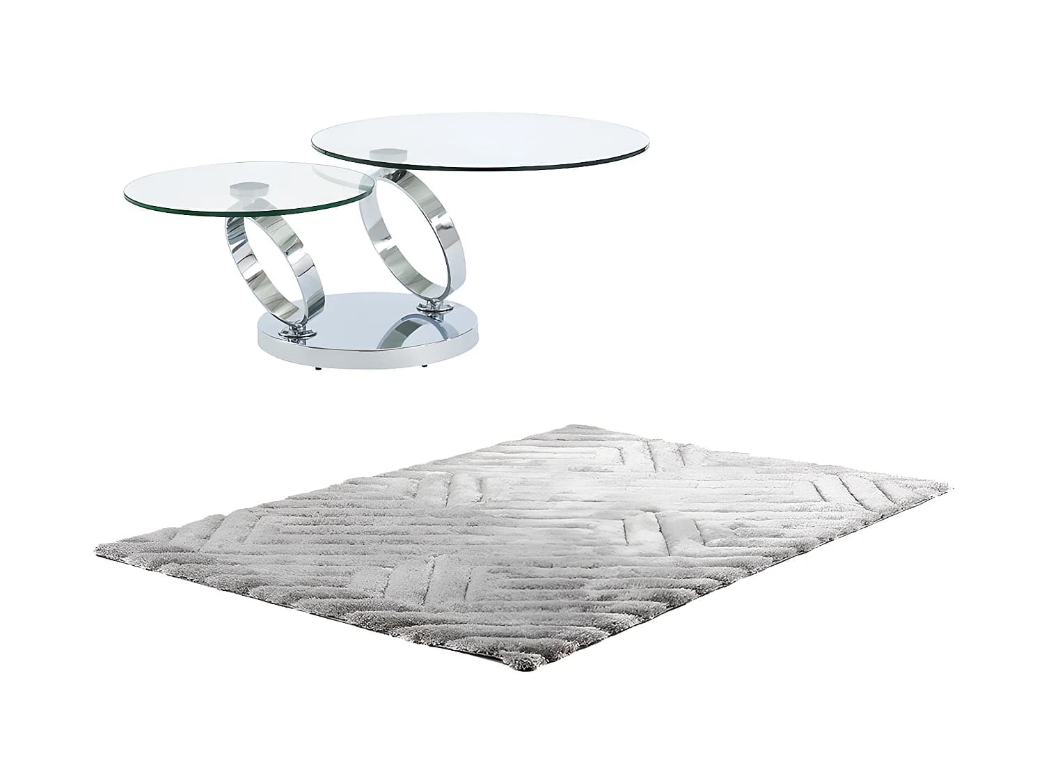 Ensemble table basse plateau pivotant transparent JOLINE et tapis shaggy gris MAZE