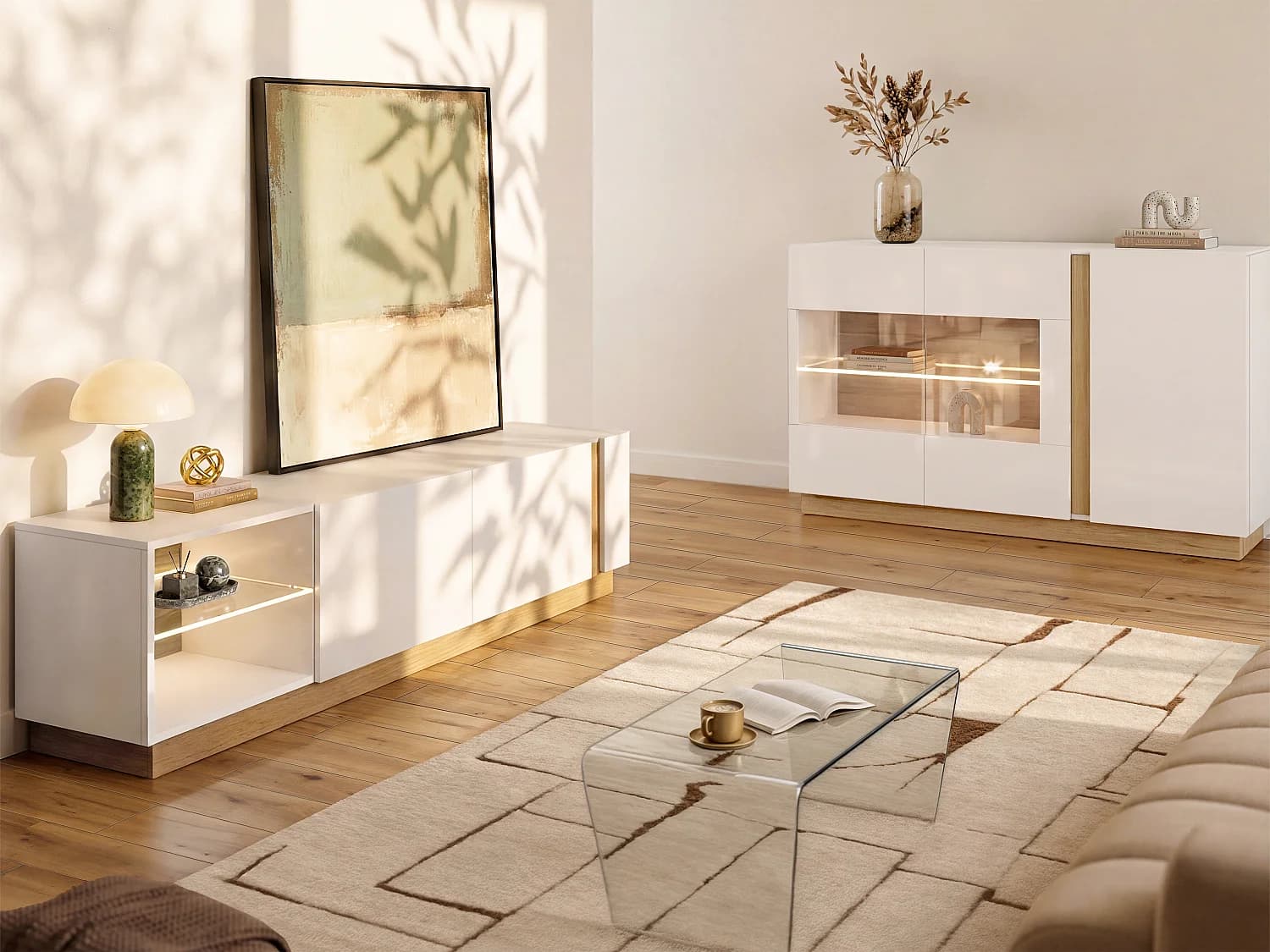 Ensemble buffet et meuble TV blanc brillant et naturel - Séjour lumineux MURARI