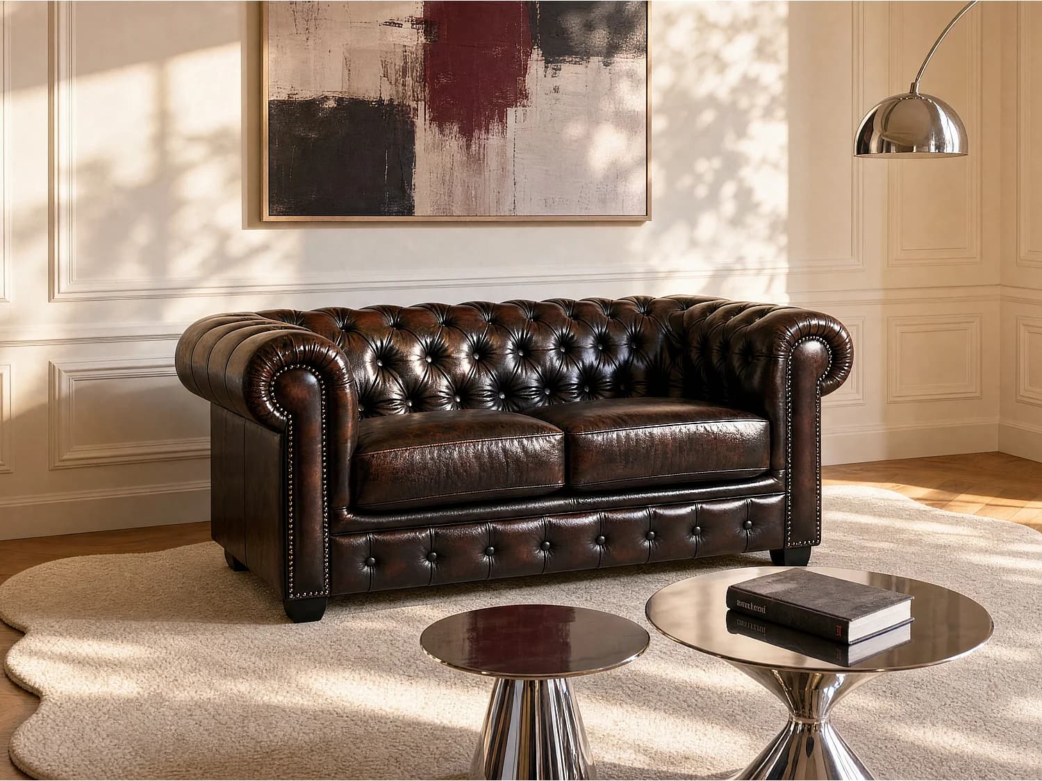 Canapé chesterfield 2 places BRENTON 100% cuir de buffle - Marron reflets châtains