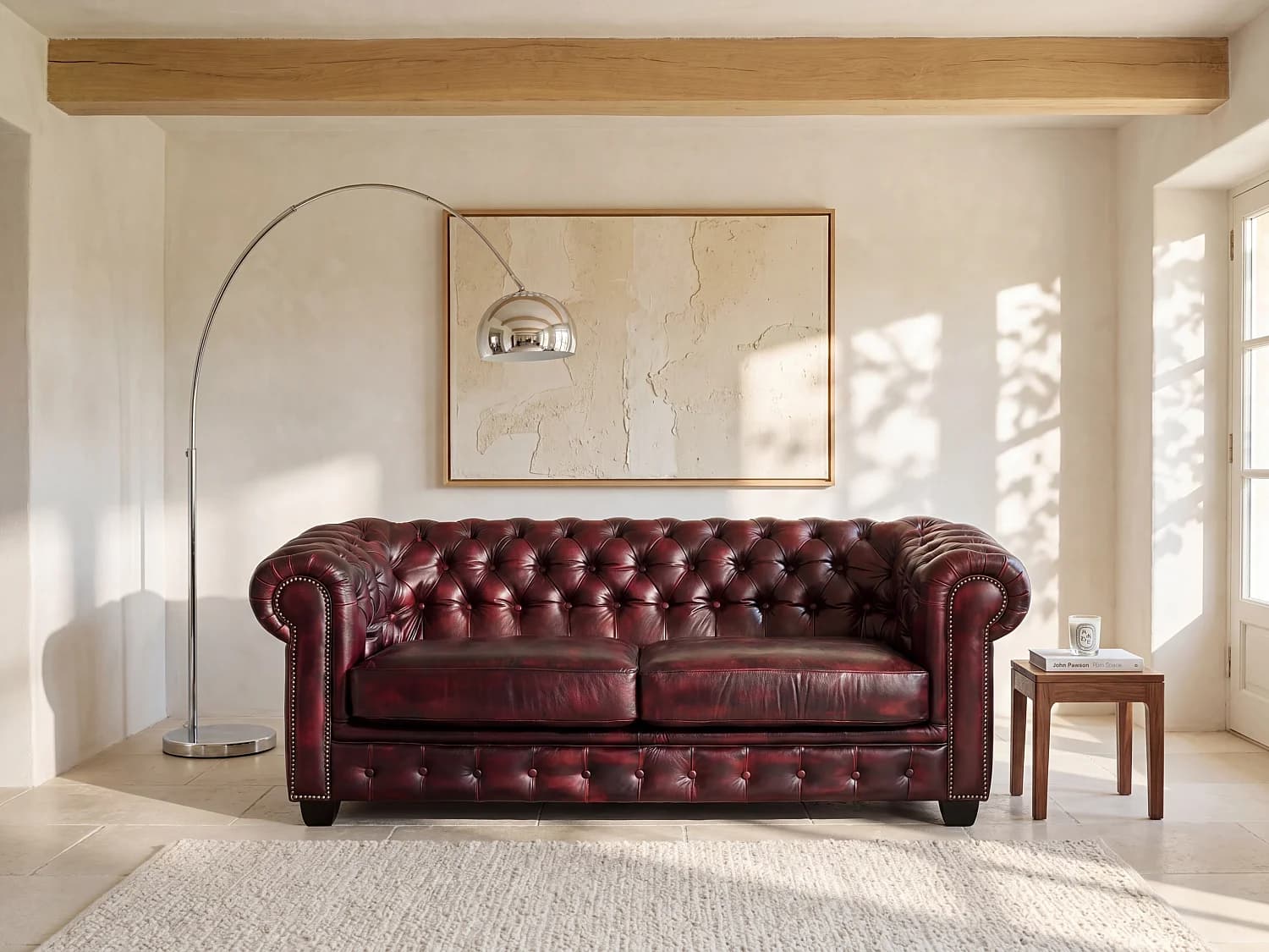 Canapé chesterfield 3 places BRENTON 100% cuir de buffle - Bordeaux