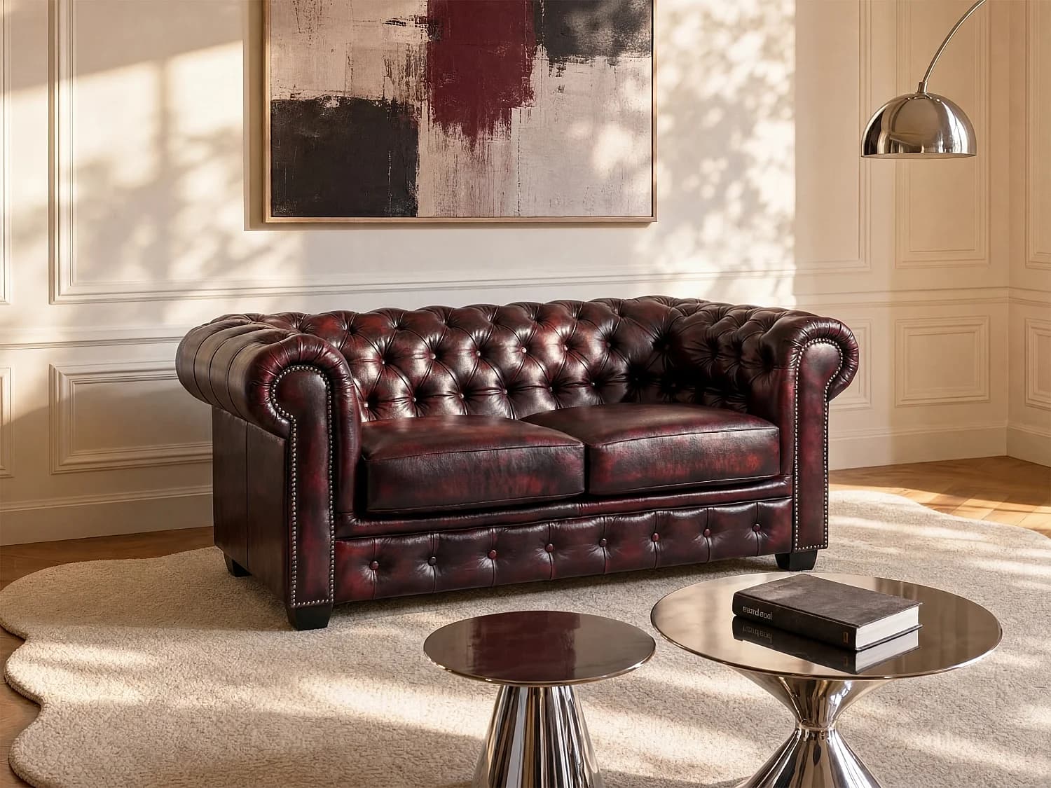 Canapé chesterfield 2 places BRENTON 100% cuir de buffle - Bordeaux