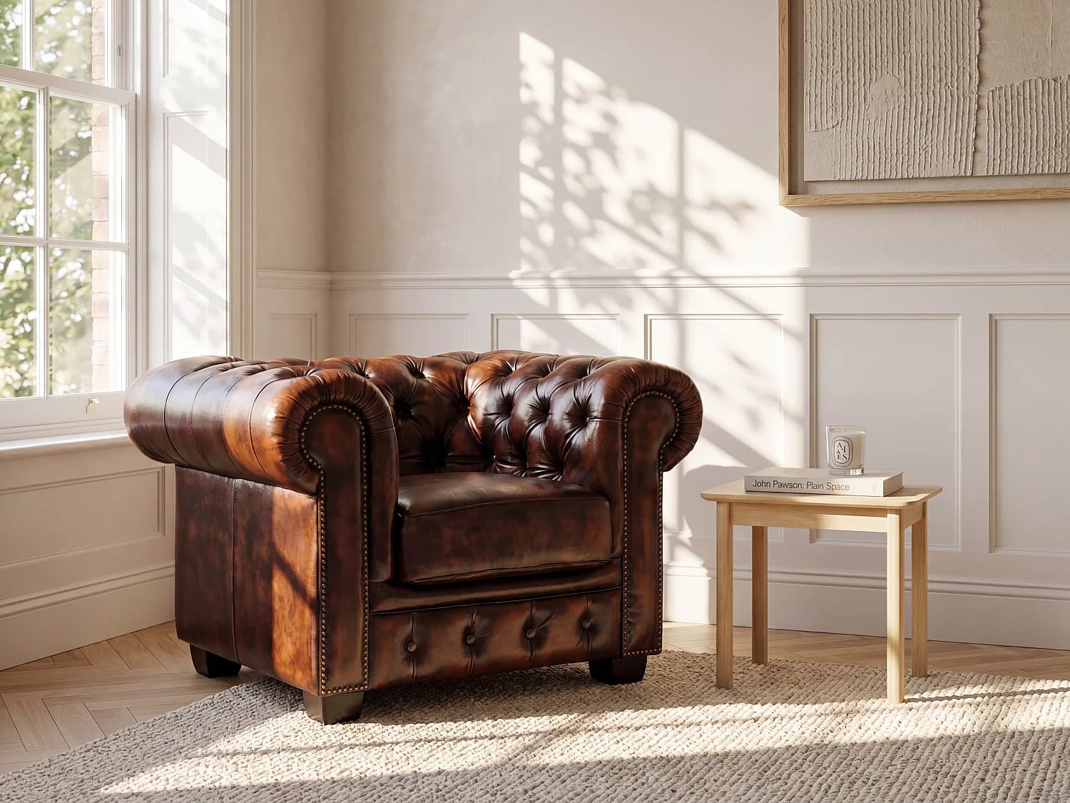 Fauteuil chesterfield BRENTON 100% cuir de buffle - Marron reflets châtains