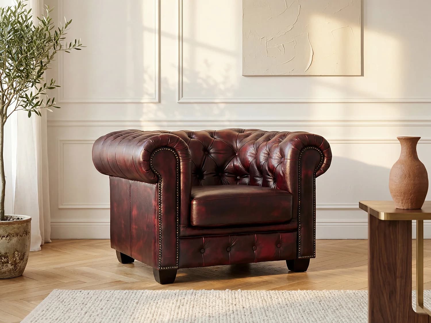 Fauteuil chesterfield BRENTON 100% cuir de buffle - Bordeaux