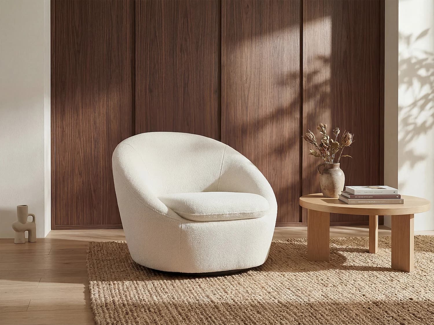 Fauteuil pivotant arrondi en tissu bouclette blanc LACARA