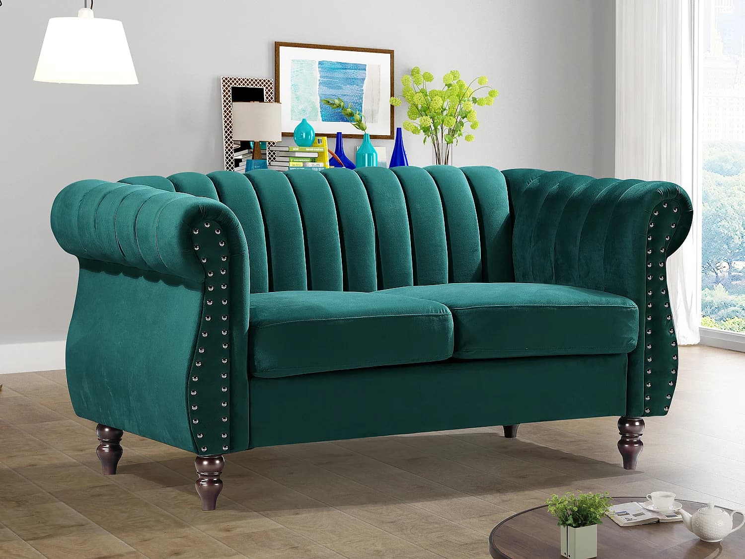 Canapé chesterfield 2 places en velours vert émeraude TRUMBO