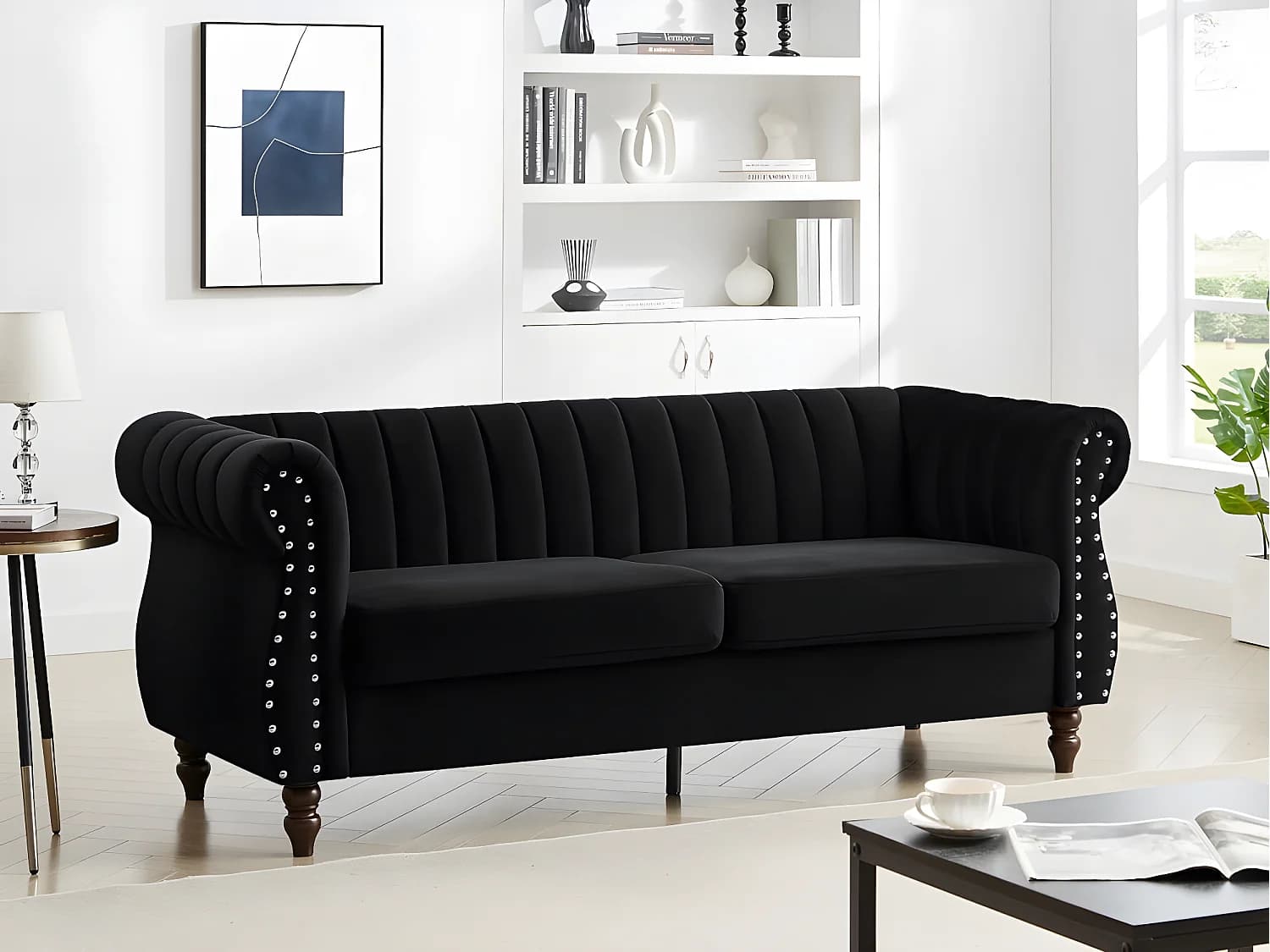 Canapé chesterfield 3 places en velours noir TRUMBO