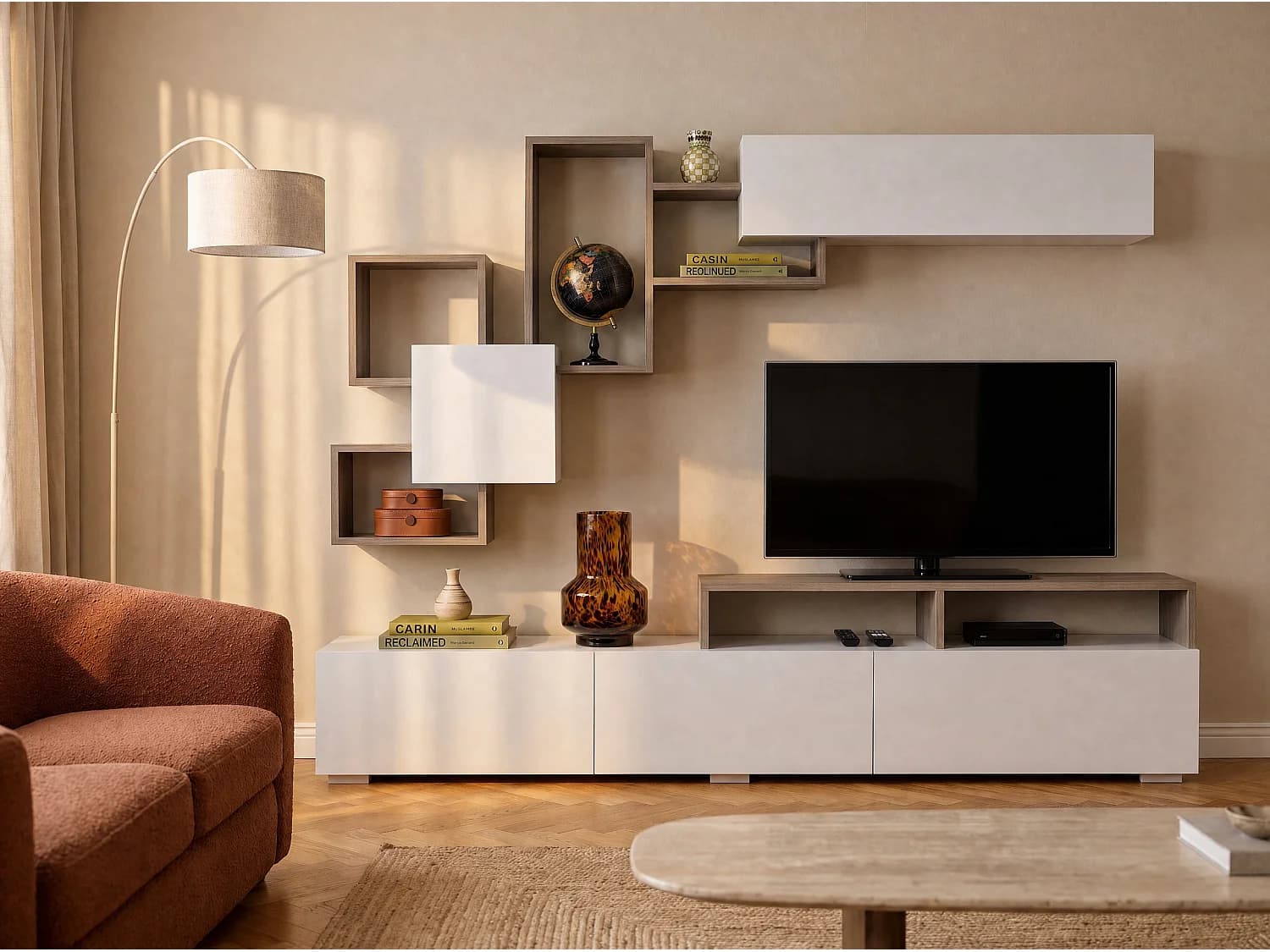 Mur TV avec rangements - Naturel clair et Blanc - TALOLI II