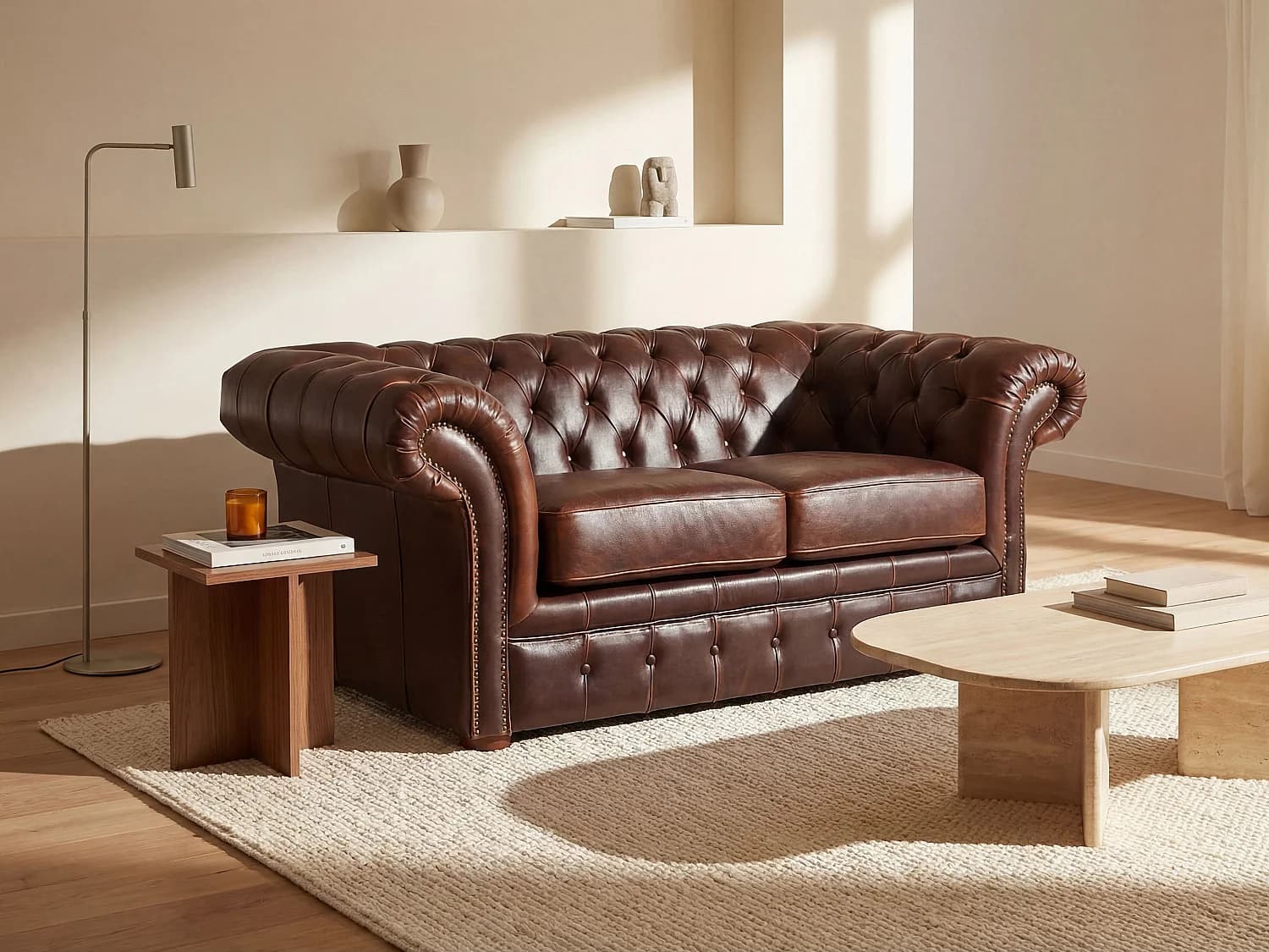 Canapé 2 places chesterfield CLOTAIRE 100% cuir vieilli