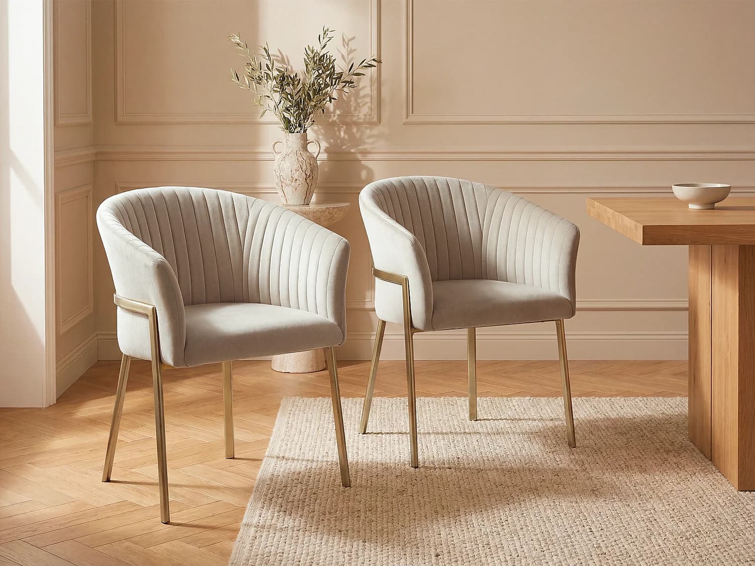 Lot de 2 chaises avec accoudoirs en velours et métal doré - Beige - ZAOVA