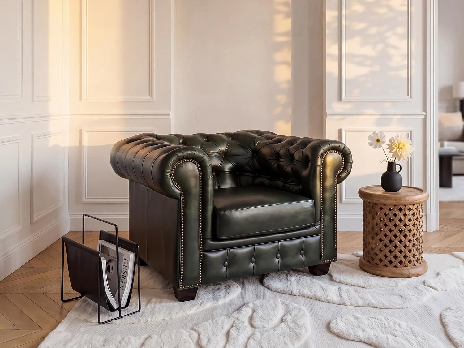 Fauteuil chesterfield BRENTON 100% cuir de buffle - Vert empire