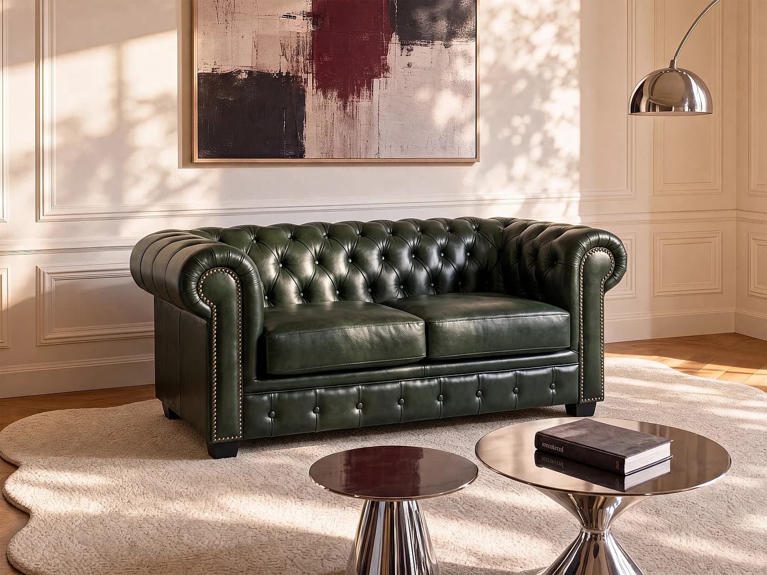 Canapé chesterfield 2 places BRENTON 100% cuir de buffle - Vert empire
