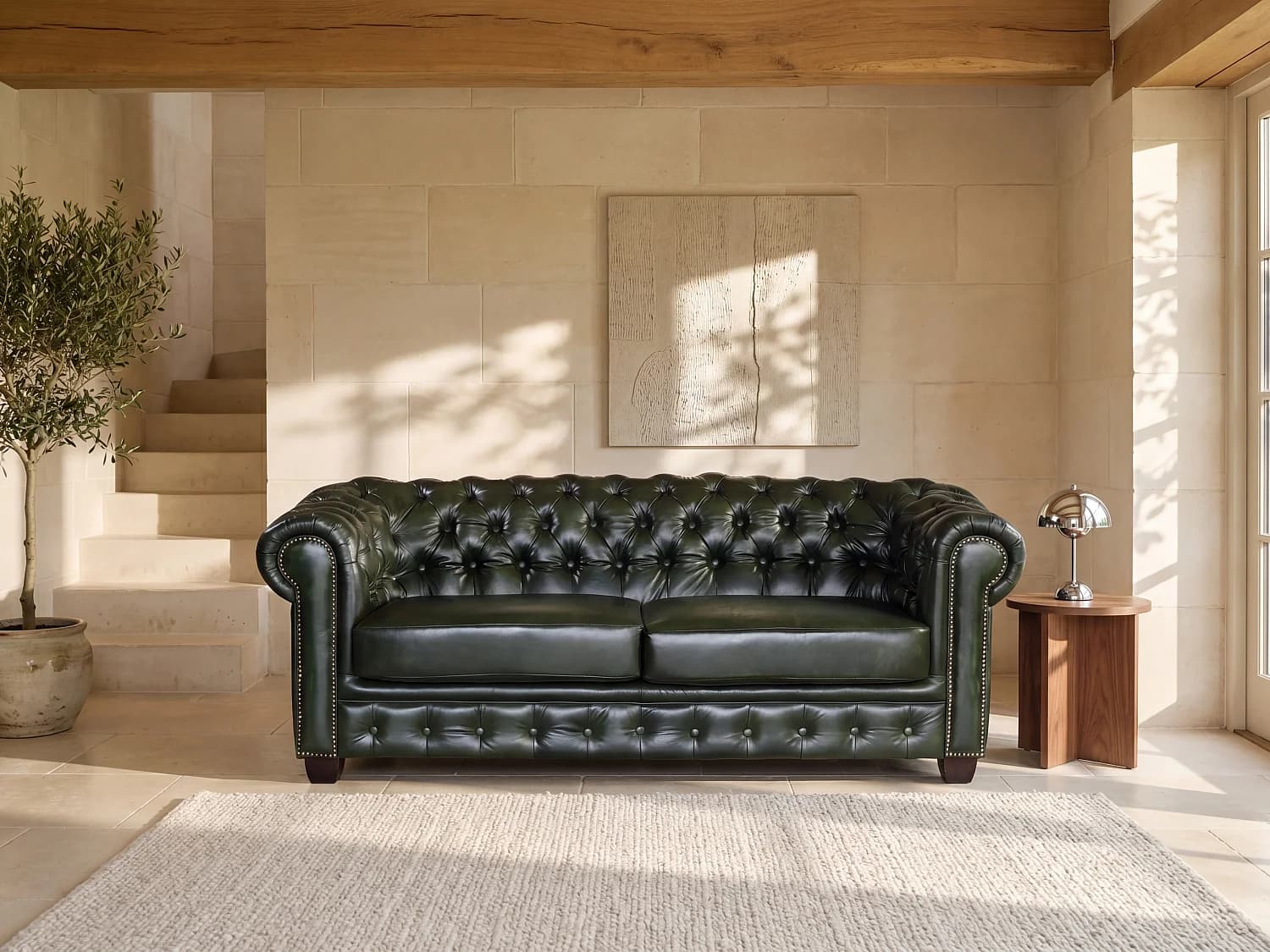 Canapé chesterfield 3 places BRENTON 100% cuir de buffle - Vert empire