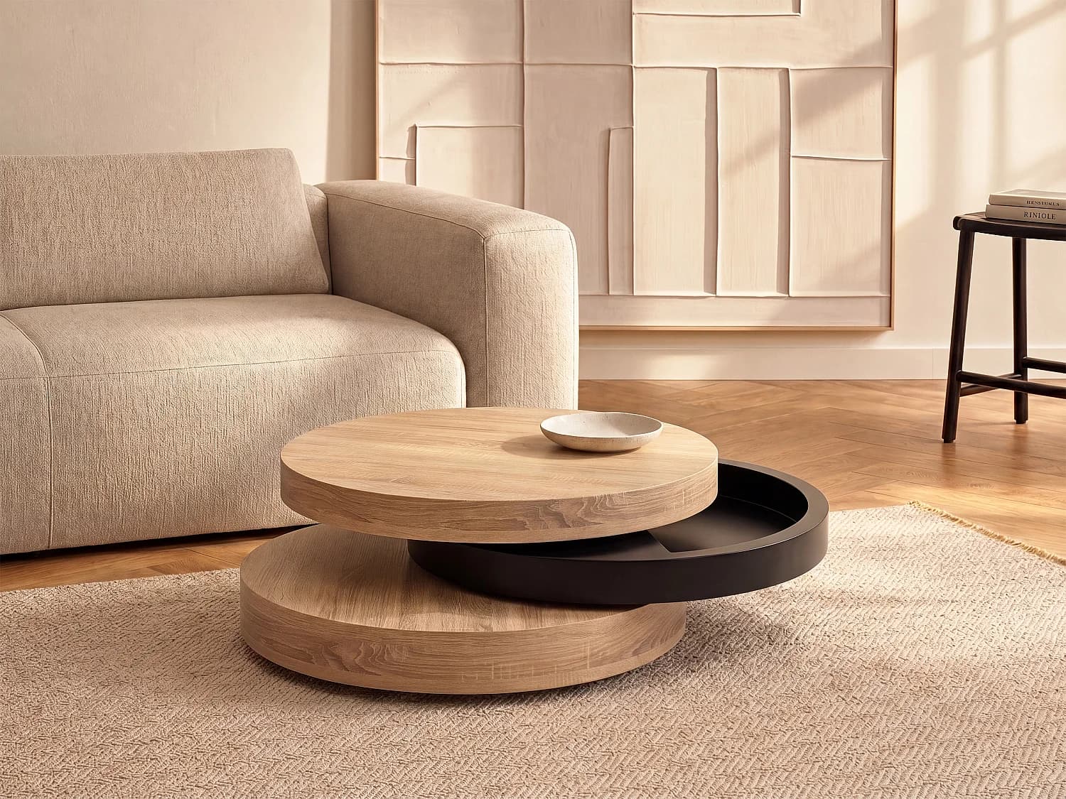 Table basse pivotante ronde avec 1 niche en MDF - Noir et naturel clair - JANITA