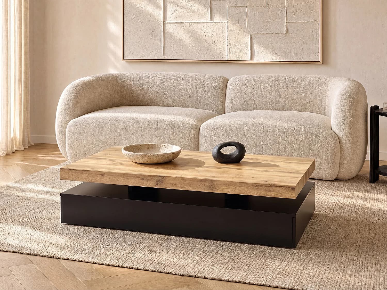 Table basse avec 2 tiroirs en MDF - Noir et naturel clair - FELIX