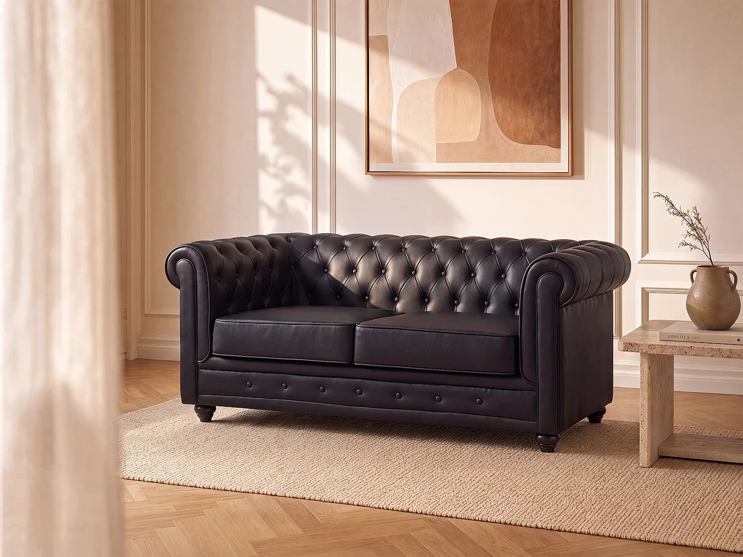Canapé 2 places en simili noir CHESTERFIELD