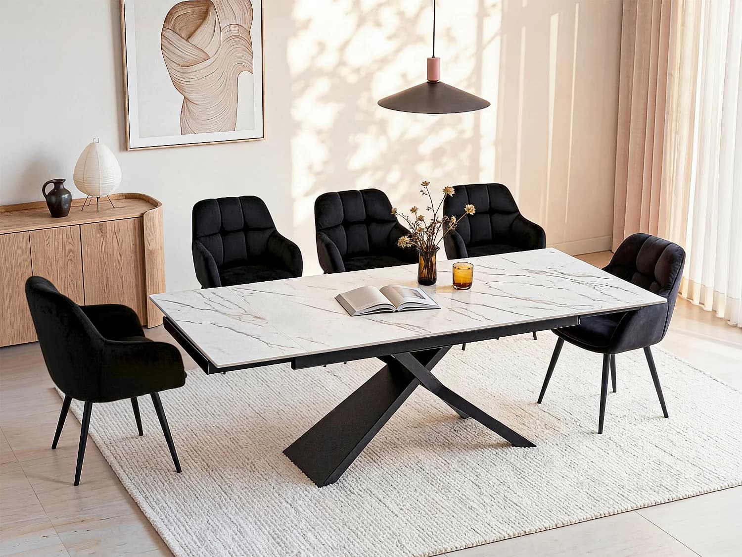Table à manger extensible 6 à 10 personnes en céramique, verre trempé et métal - Effet marbre blanc et Noir - LUMIEL de Maison Céphy