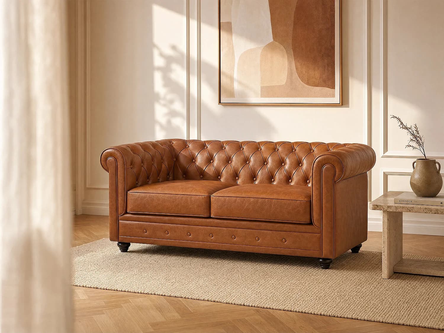 Canapé 2 places en cuir de vachette camel CHESTERFIELD