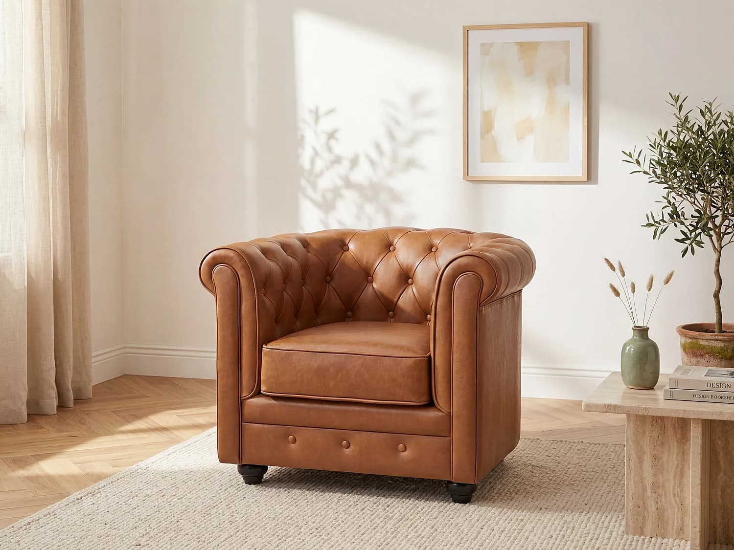 Fauteuil en cuir de vachette camel CHESTERFIELD