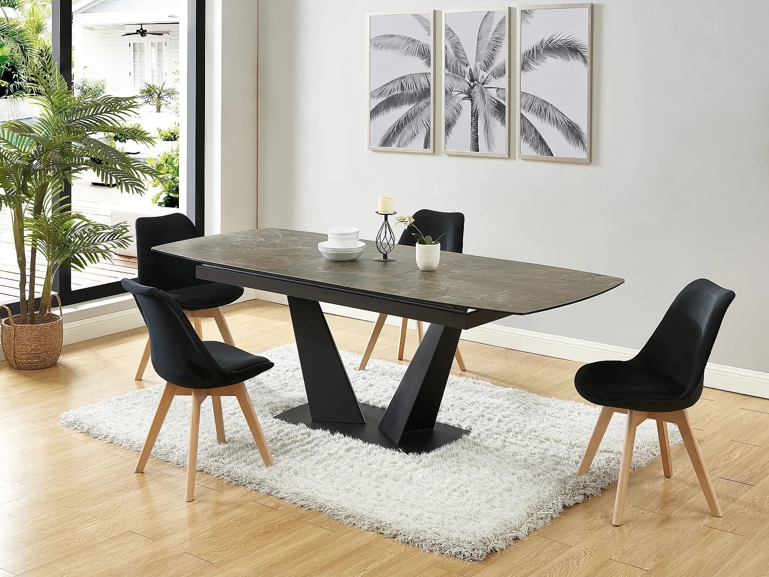Lot de 6 chaises en velours et hêtre - Noir - JODY