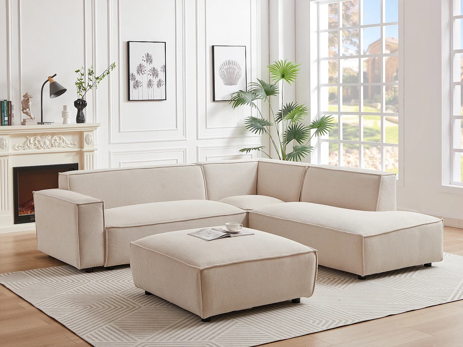Grand canapé d'angle droit en velours côtelé beige BORORE