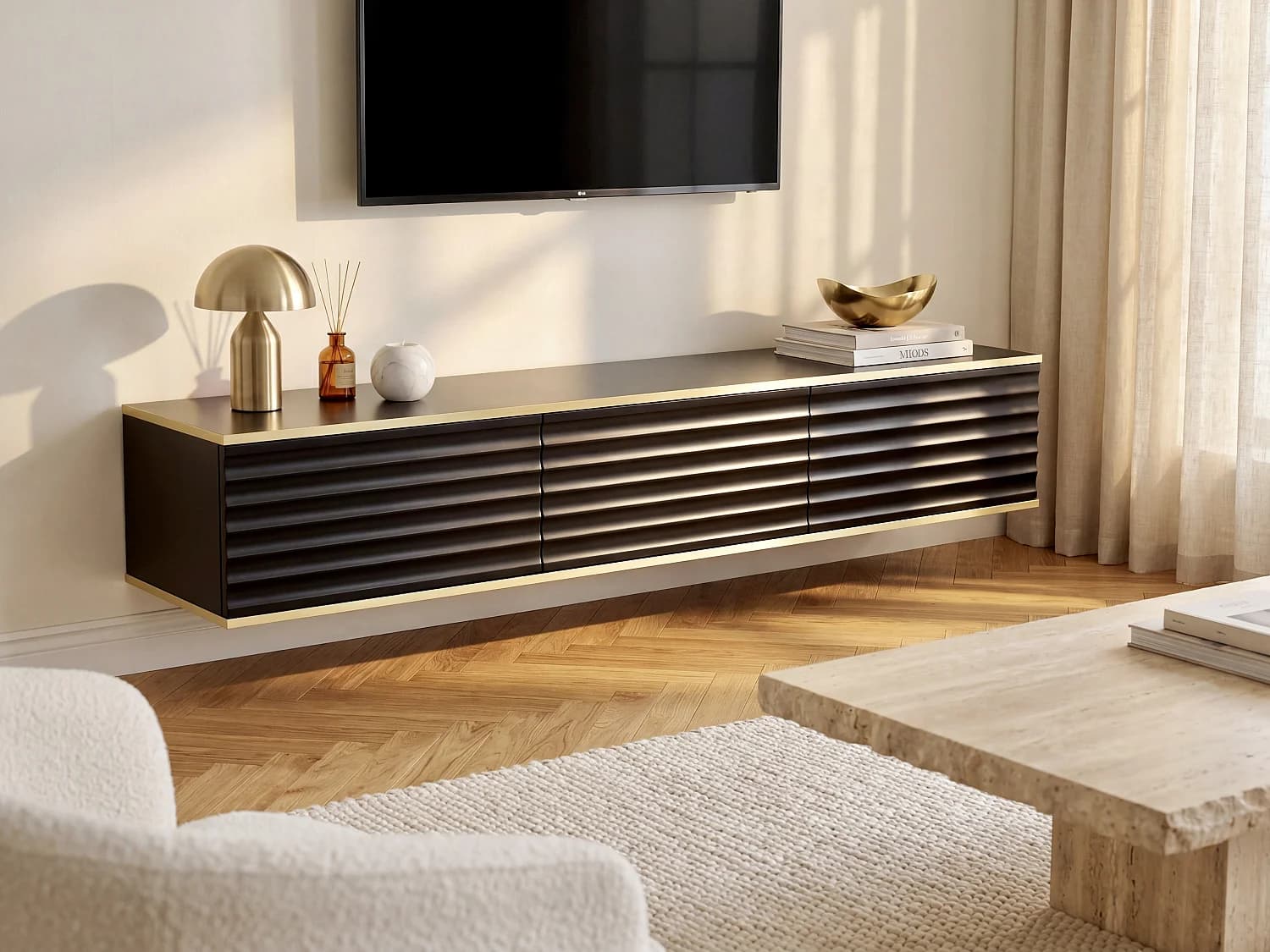 Meuble TV suspendu avec 3 portes en MDF - Noir et Doré - ALESAR