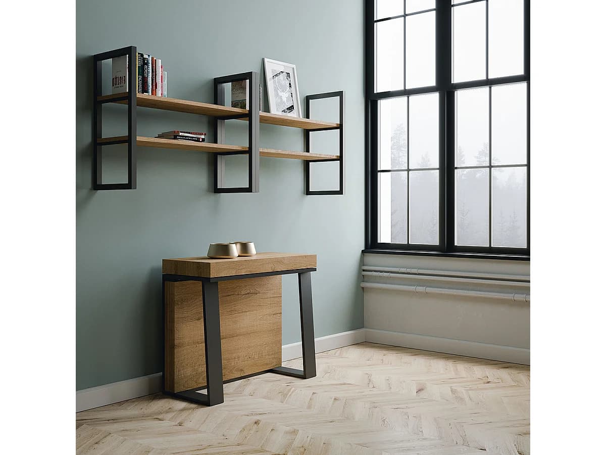 Console extensible 90x40/288 cm Asia Chêne Nature rallonges internes cadre Anthracite