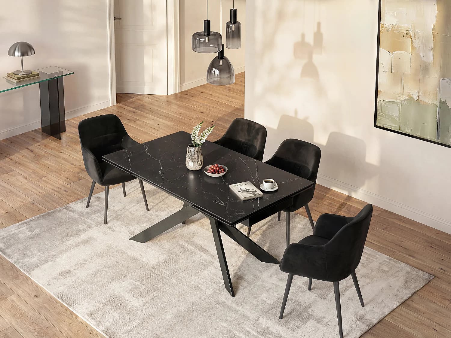 Table à manger extensible 6 à 10 personnes en céramique, verre trempé et métal - Effet marbre noir - COREMA de Maison Céphy