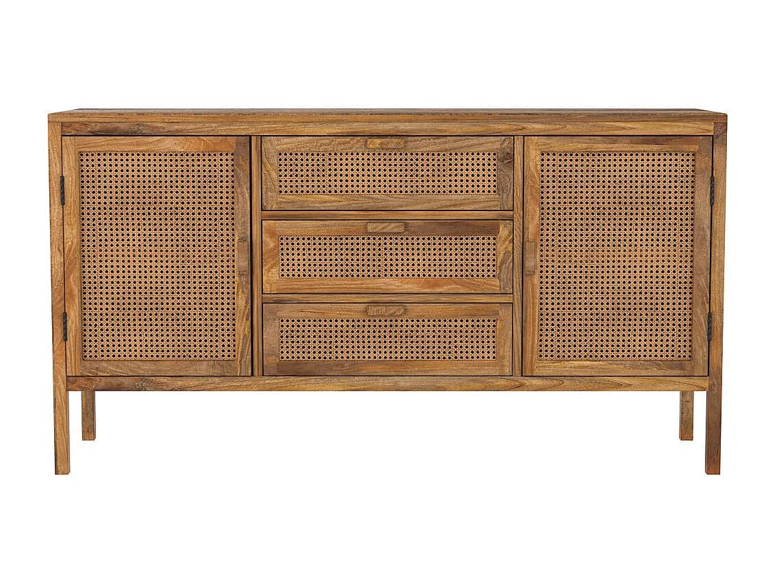 Buffet en bois de manguier et cannage 2 portes 3 tiroirs - Tiki