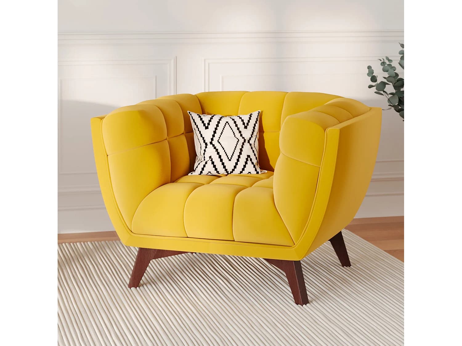 Fauteuil en velours jaune pieds marrons - Mona