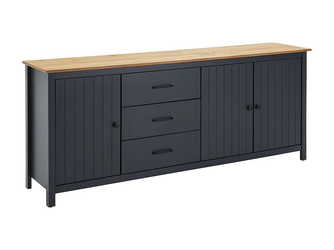 TINA - Buffet Bas 3 Portes 3 Tiroirs Bois Ciré et Bleu Pétrole