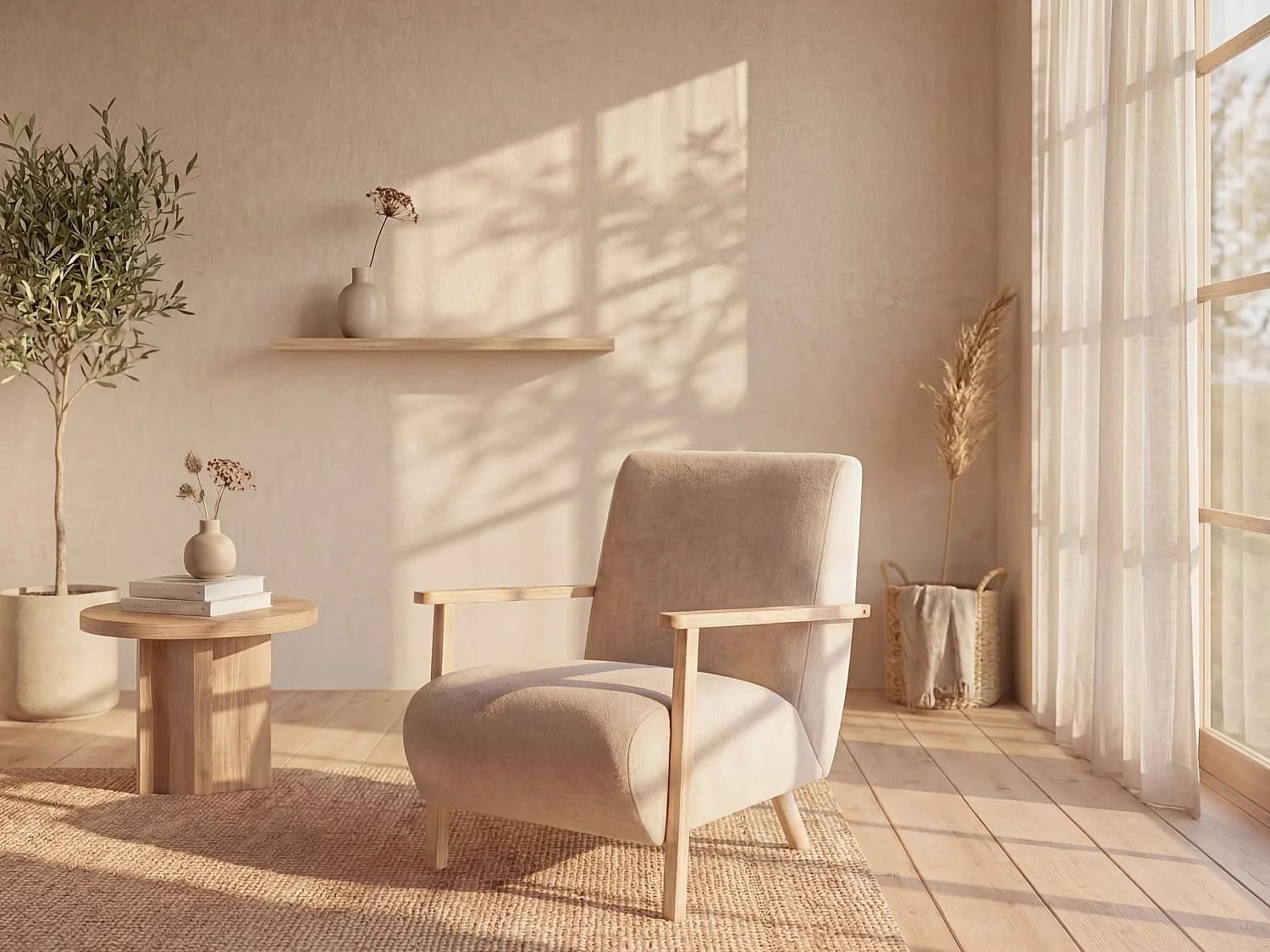 Fauteuil en tissu beige et bois JULOMO