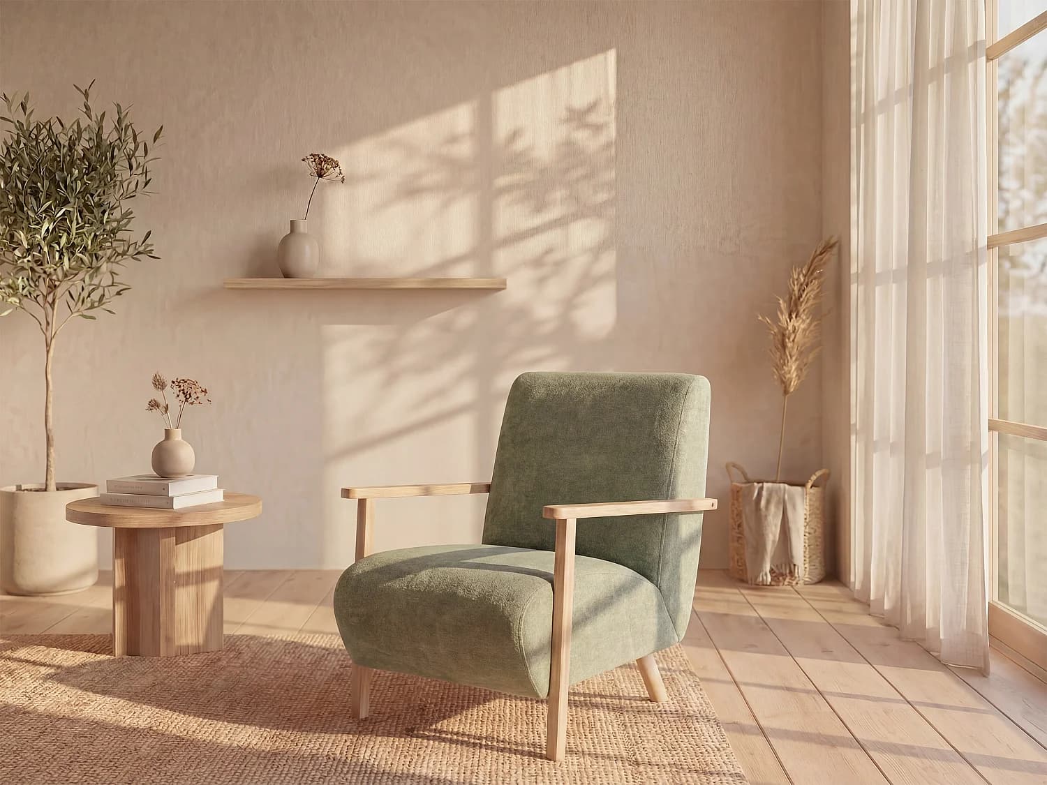 Fauteuil en tissu vert et bois JULOMO