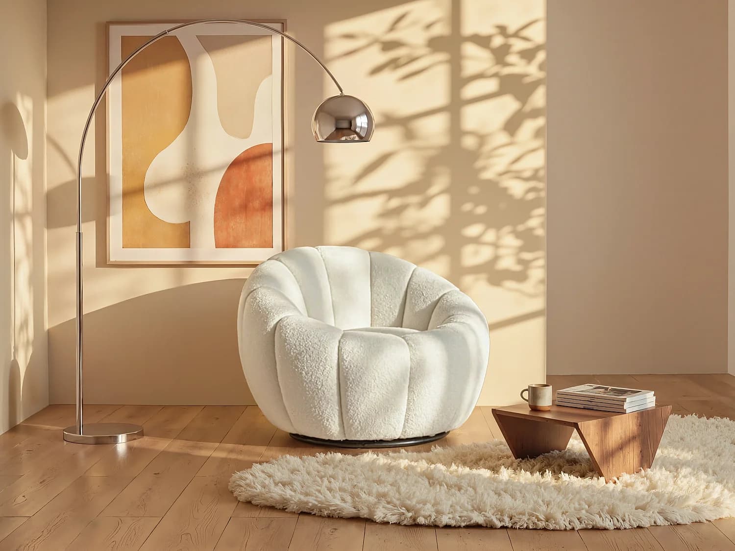 Fauteuil coquillage pivotant en tissu bouclette blanc COSSATO