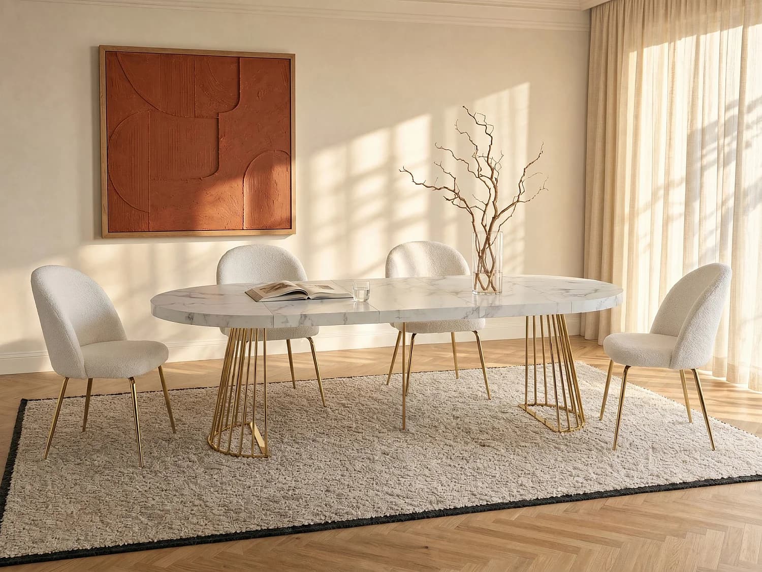 Table à manger extensible 2 à 12 personnes en MDF et acier - Effet marbre blanc et doré - FIRELA