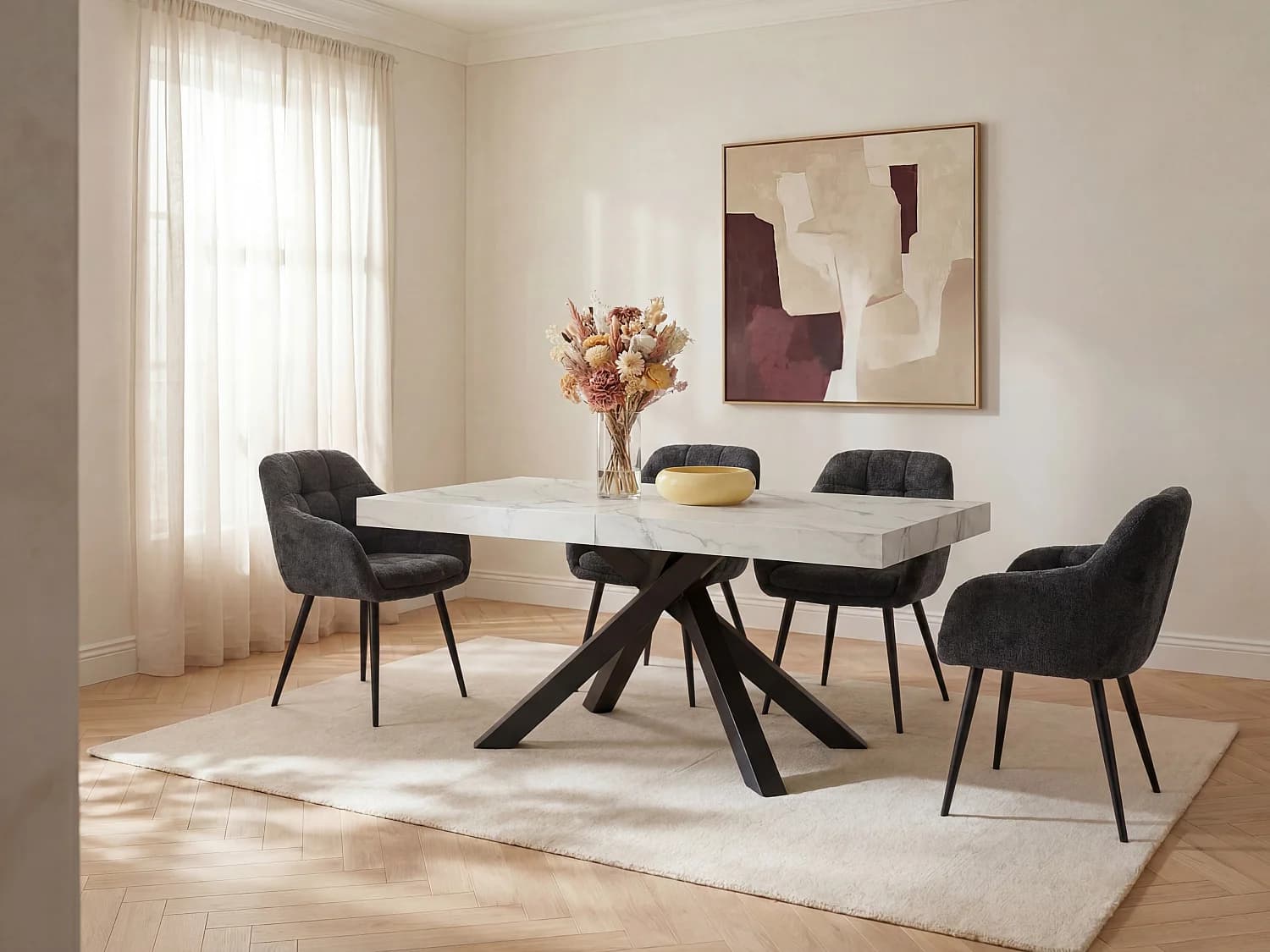 Table à manger extensible 6 à 10 personnes en MDF et métal - Effet marbre blanc et noir - CATONAV