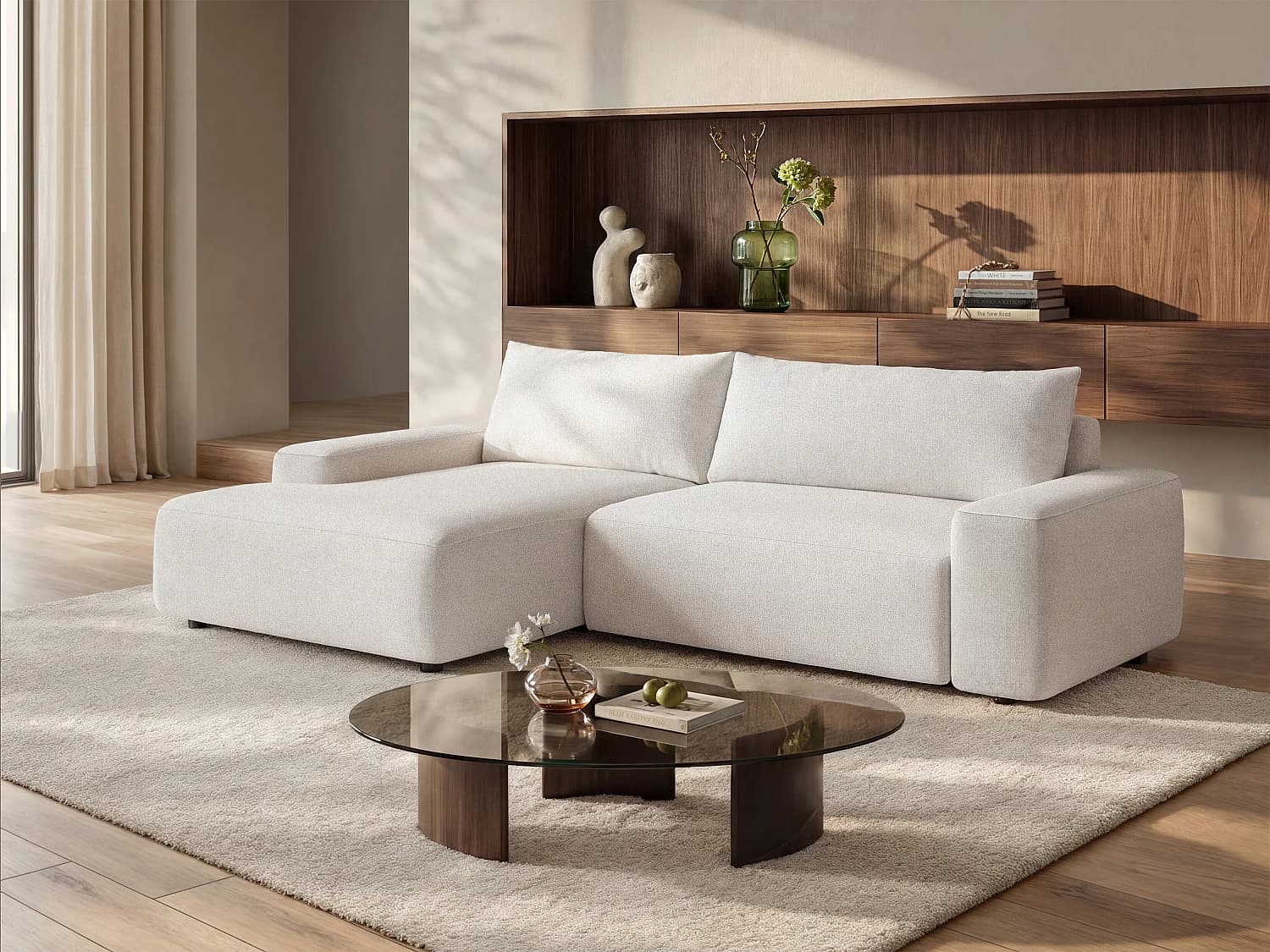 Canapé d'angle gauche convertible en tissu chiné crème DAVISO