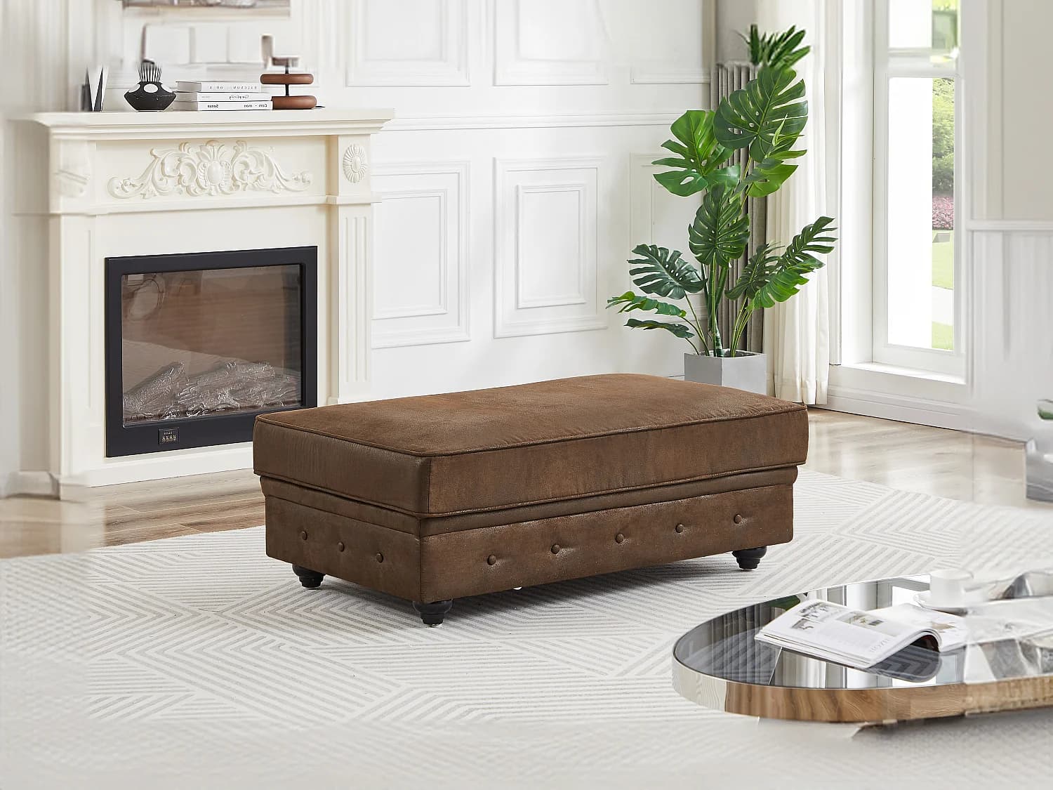 Pouf coffre de rangement en microfibre aspect cuir vieilli CHESTERFIELD
