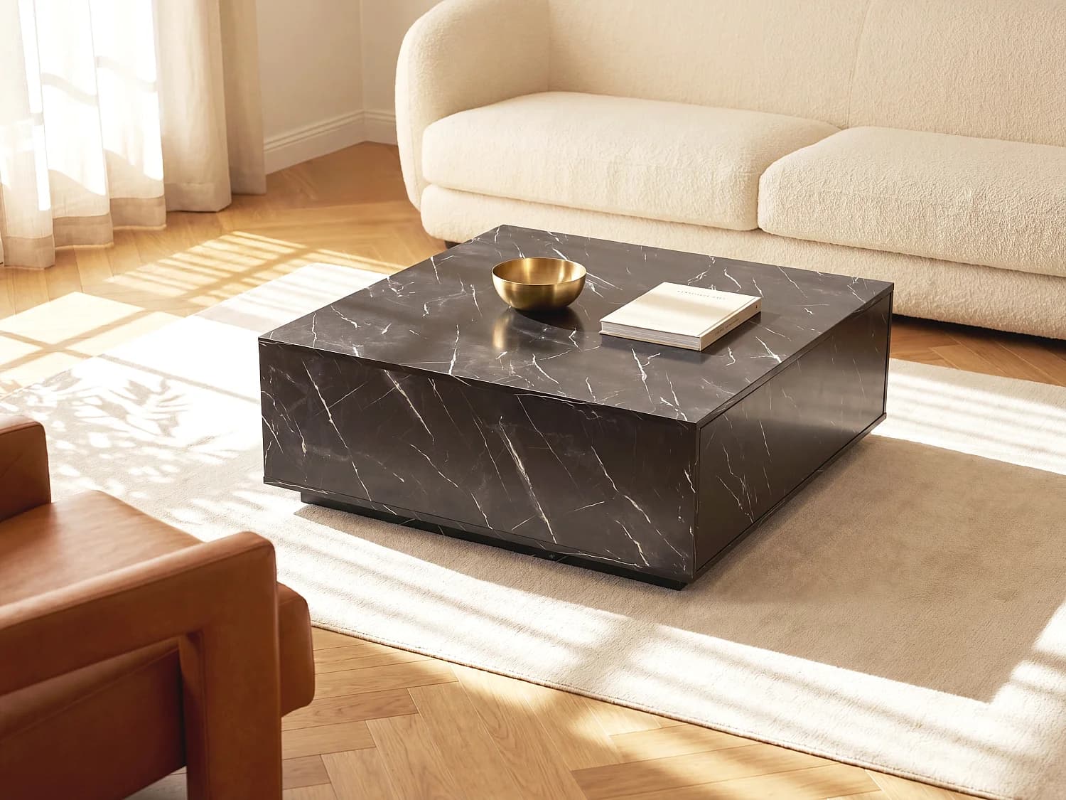 Table basse avec 2 tiroirs en MDF - L90 cm - Effet marbre noir - ANTRIM