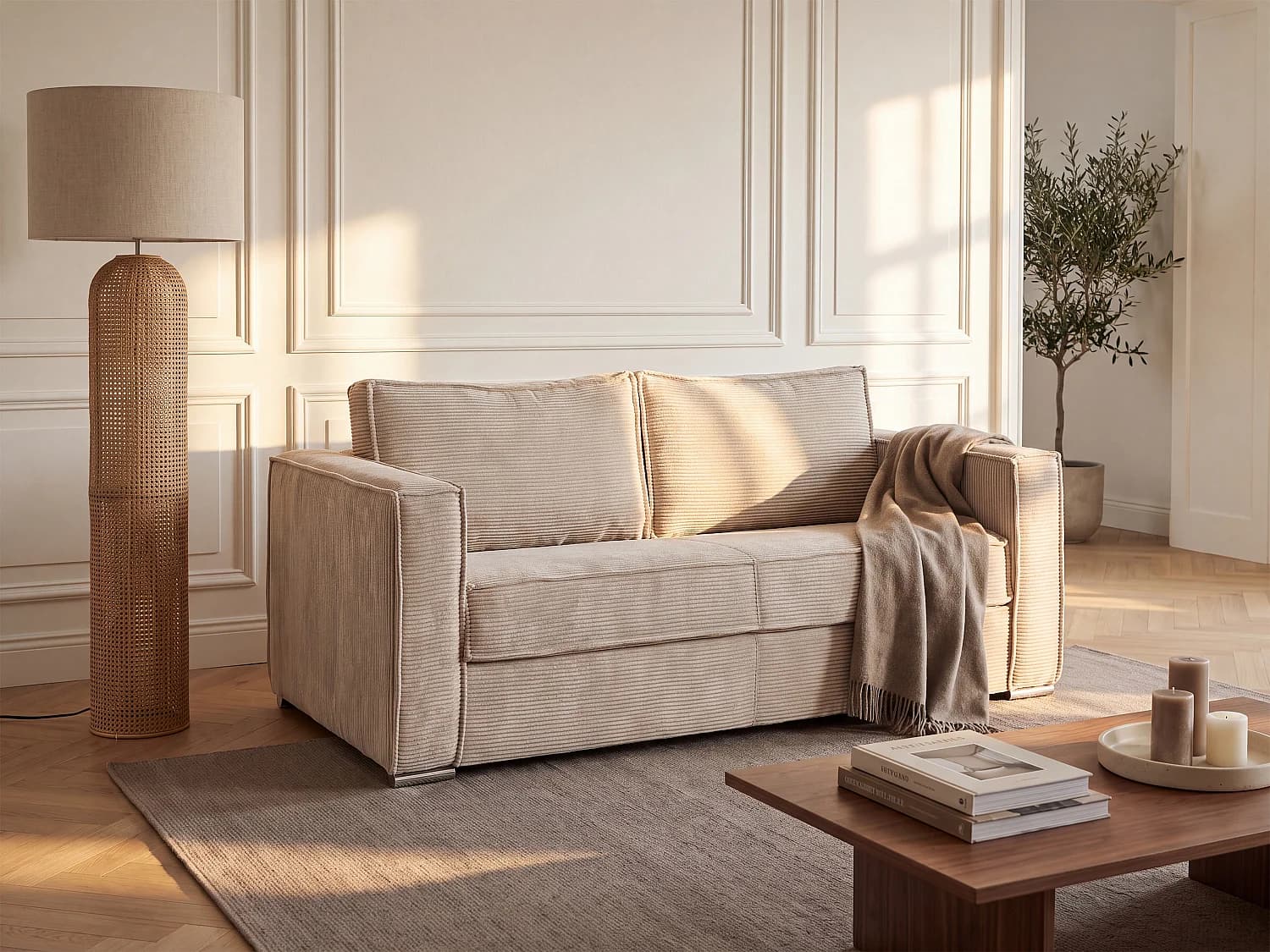 Canapé 3 places convertible express en velours côtelé beige - Couchage 140 cm - Matelas 18 cm LORETO