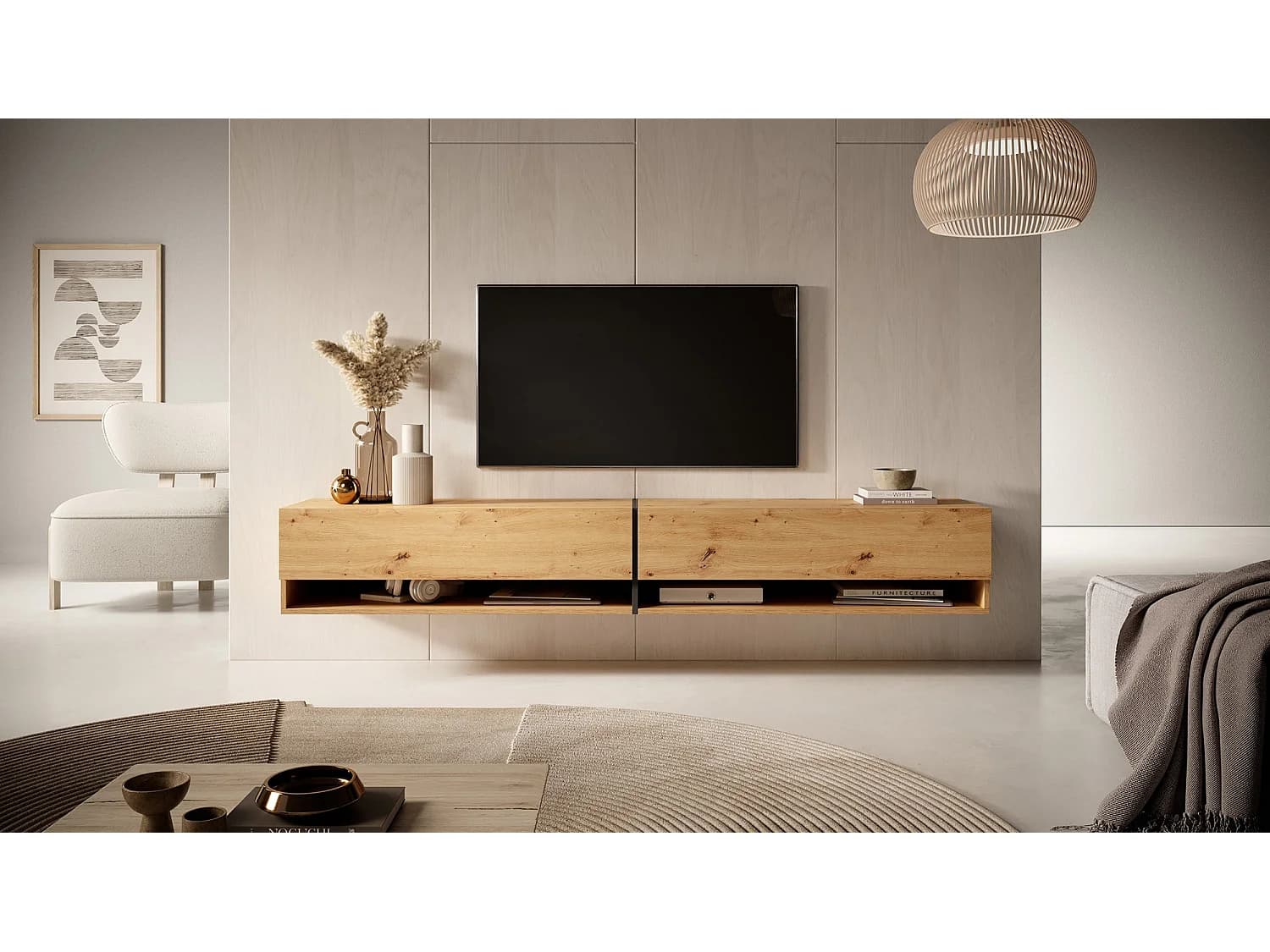 Meuble tv 200 cm -chêne artisan avec insert graphite - MIRRGO